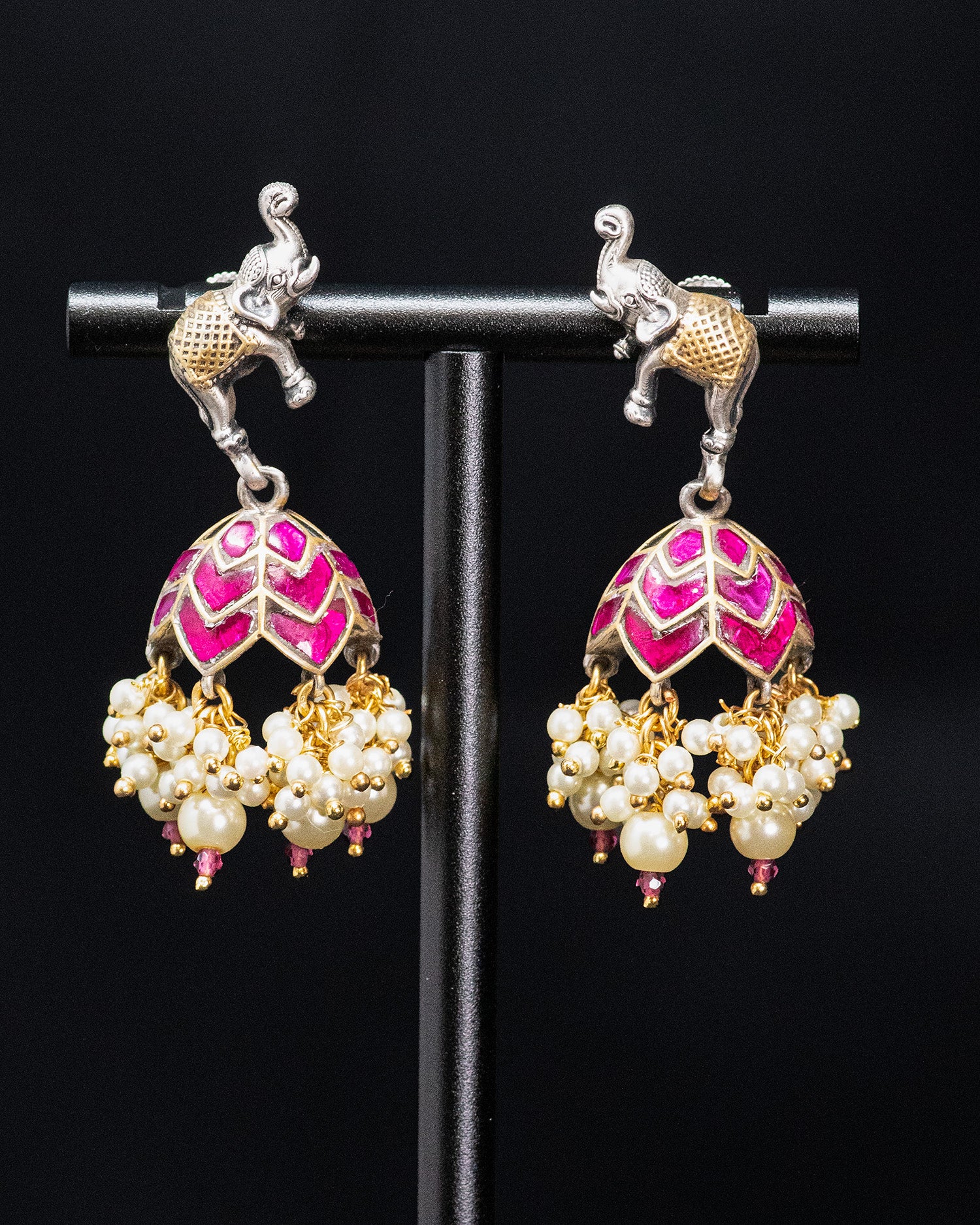 Royal Pink & Green Motif Silver Look Alike Statement Necklace Set