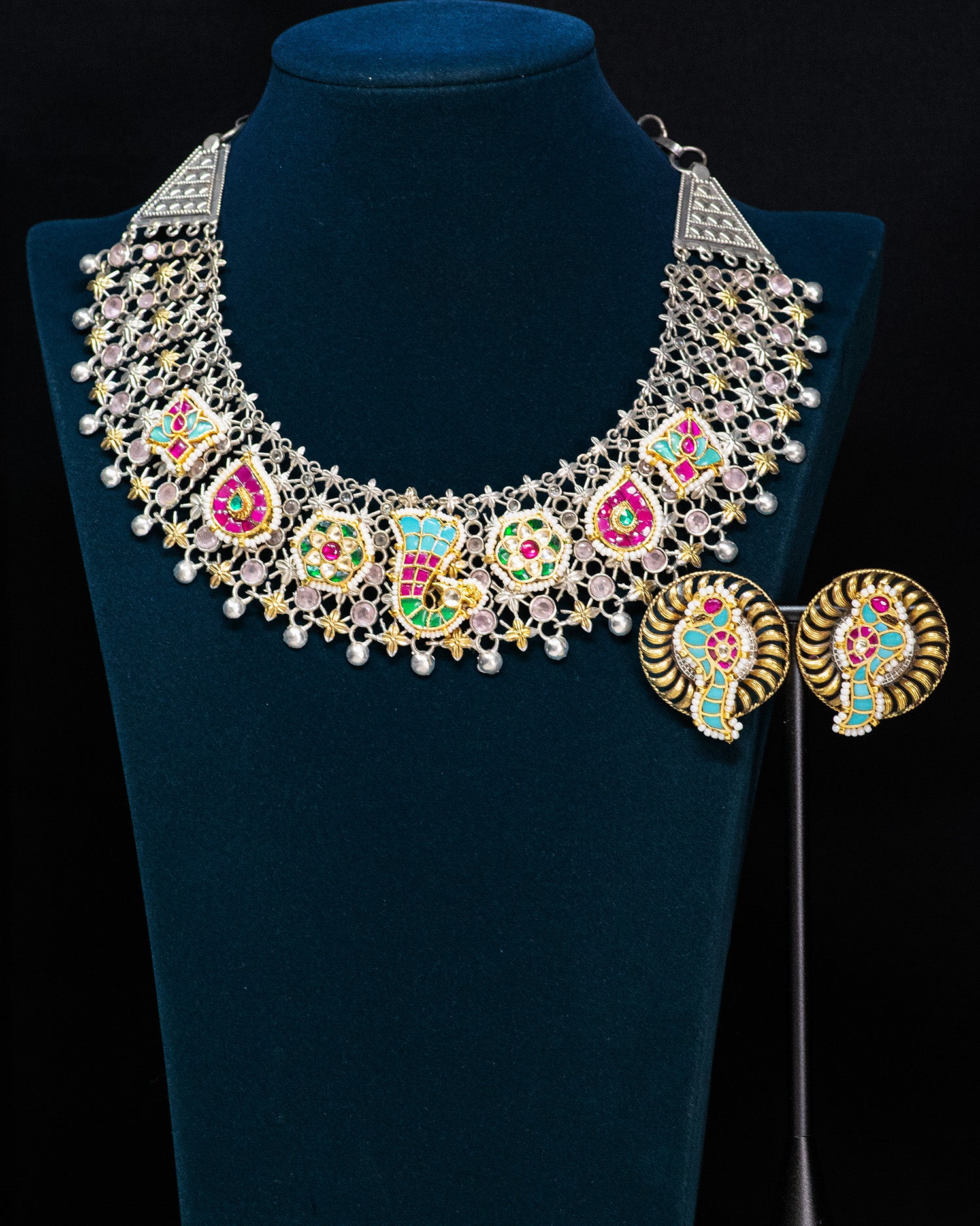 Royal Peacock Motif Silver Look Alike Statement Necklace Set