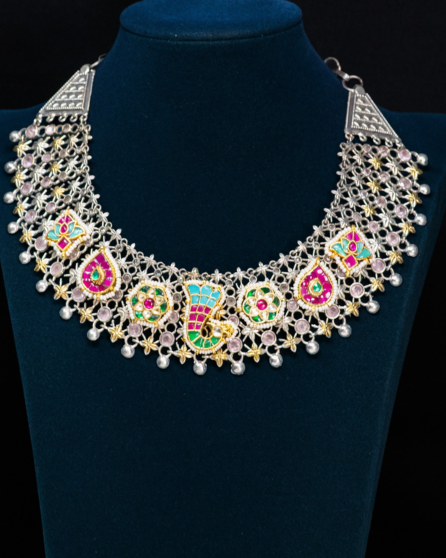 Royal Peacock Motif Silver Look Alike Statement Necklace Set
