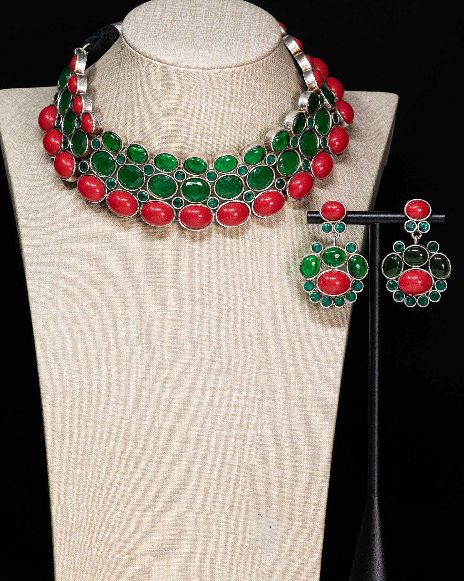 Royal Coral & Emerald Silver Look Alike Statement Choker Set
