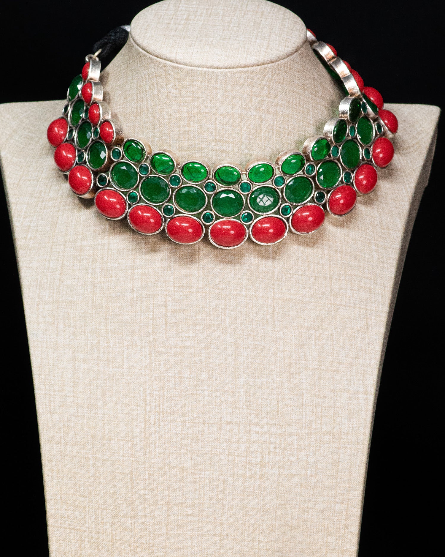Royal Coral & Emerald Silver Look Alike Statement Choker Set