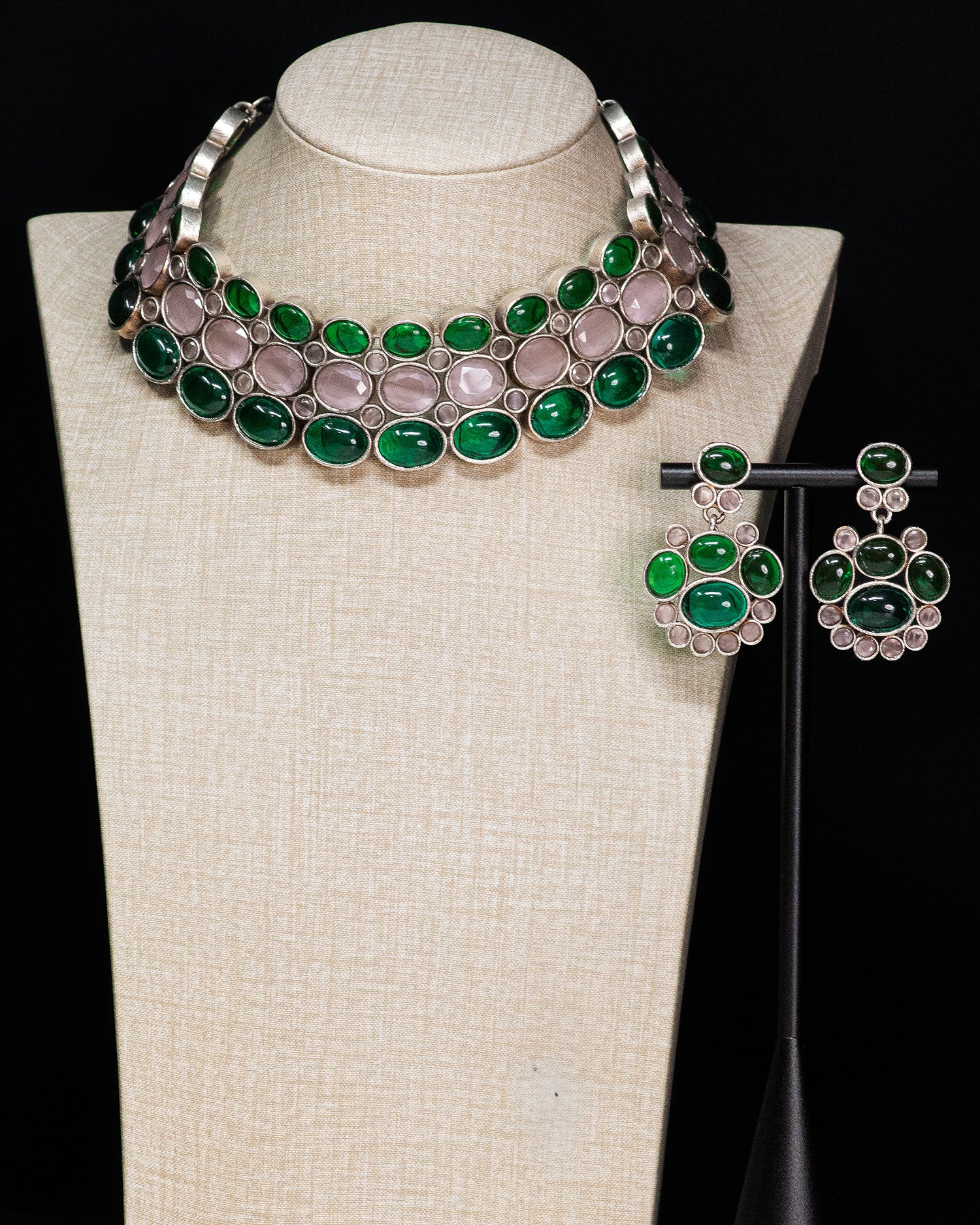Royal Emerald & Blush Stone Silver Look Alike Statement Choker Set