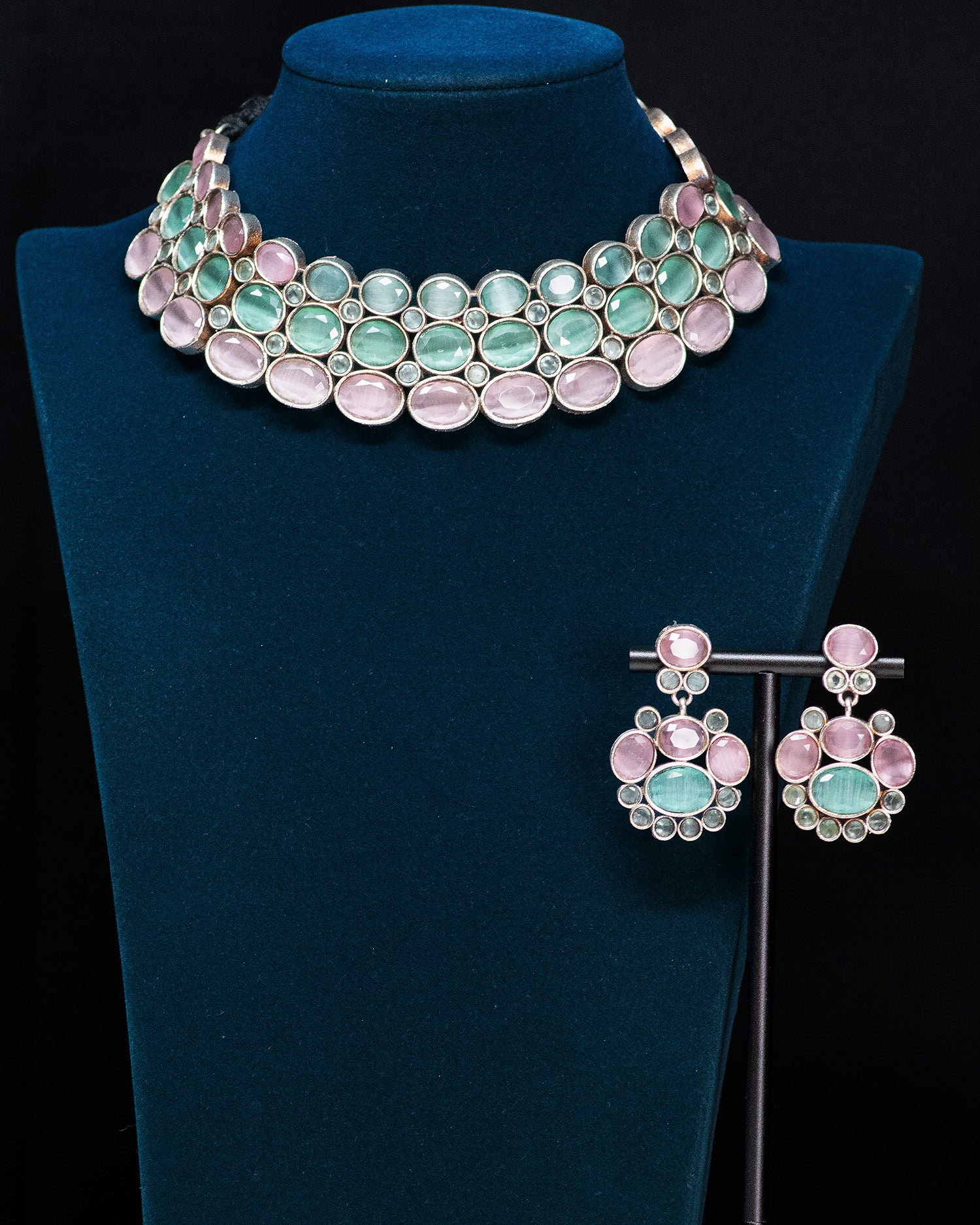 Pastel Mint & Blush Silver Look Alike Statement Choker Set