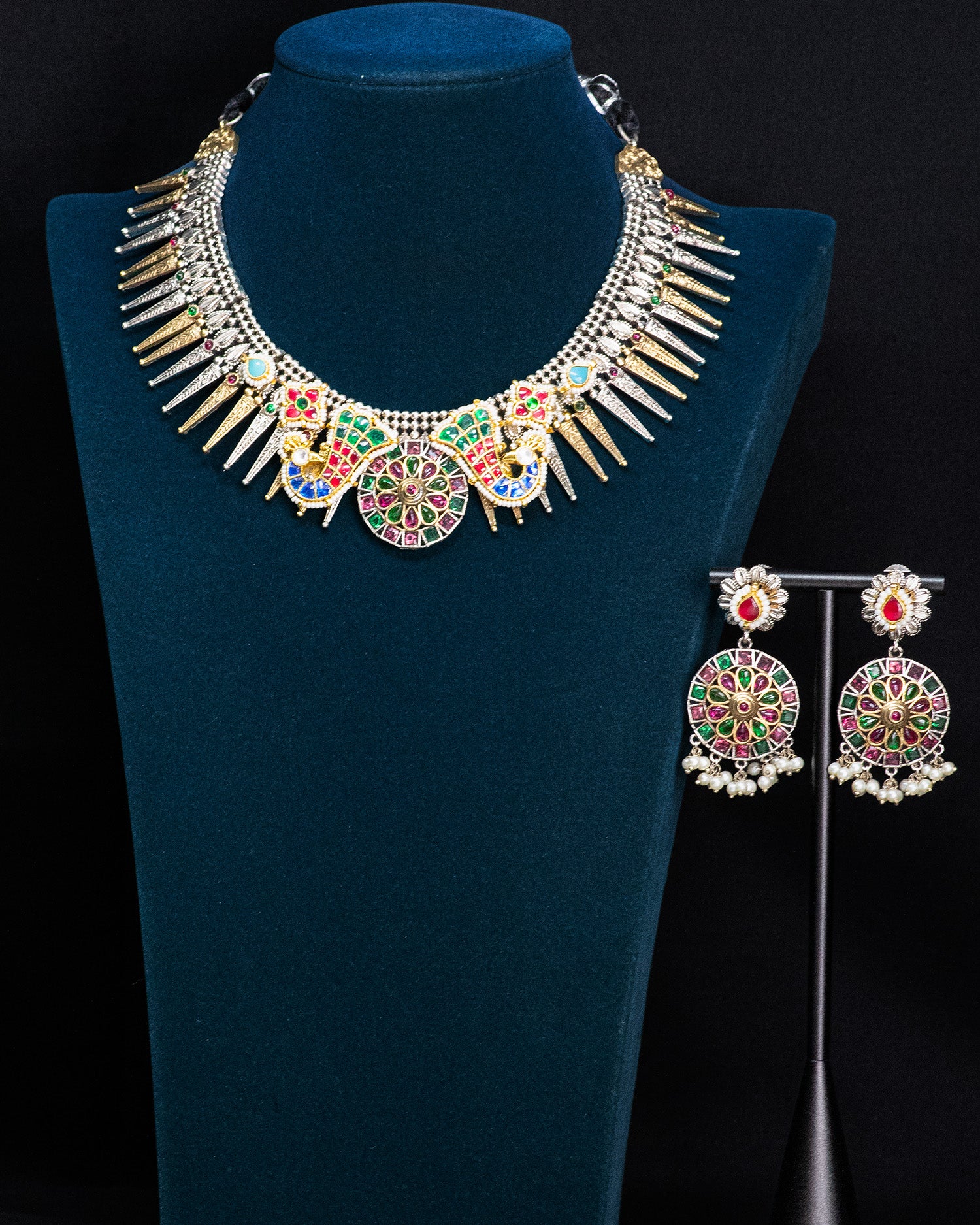 Royal Peacock Silver Look Alike Statement Necklace Set
