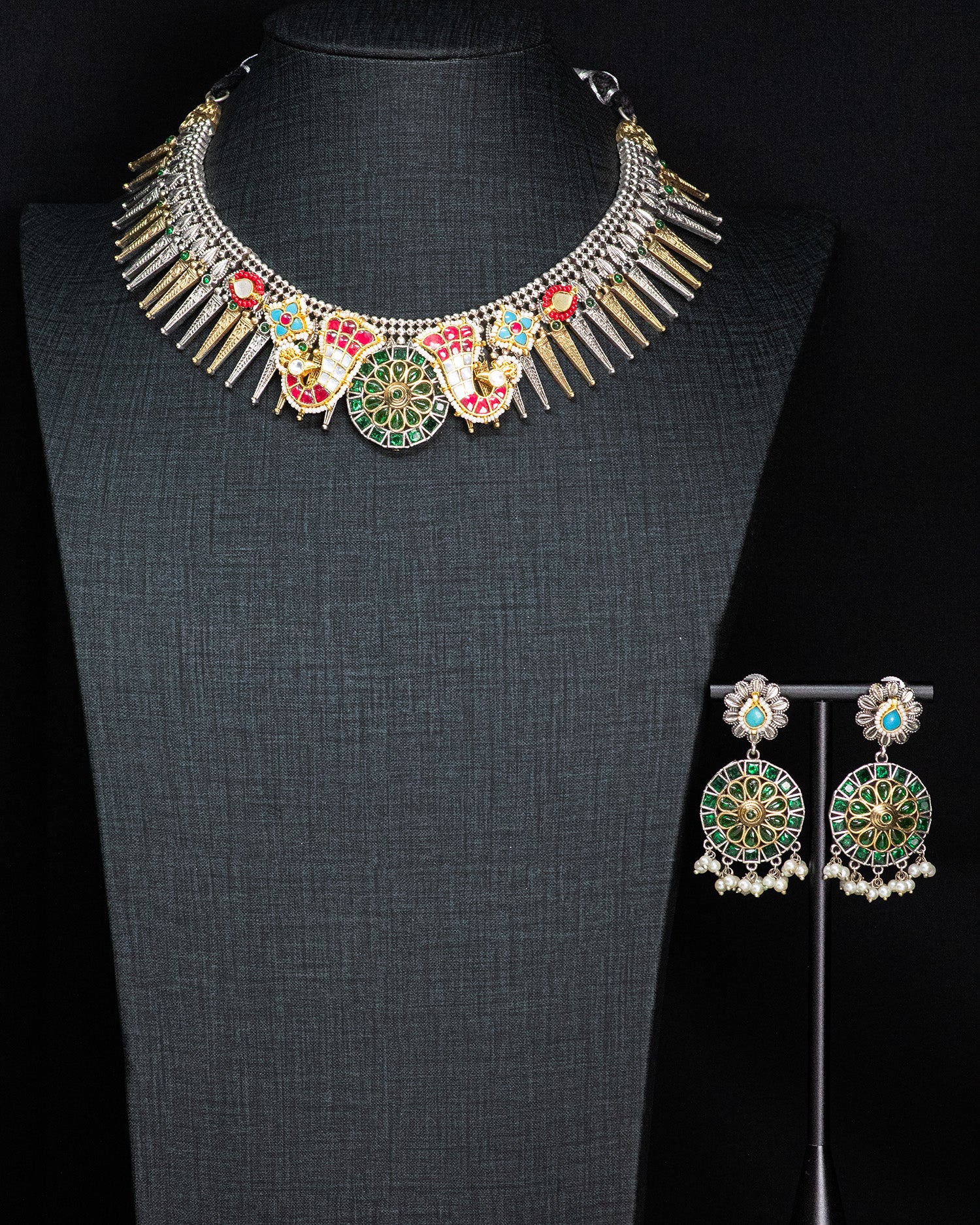 Royal Peacock Silver Look Alike Statement Necklace Set