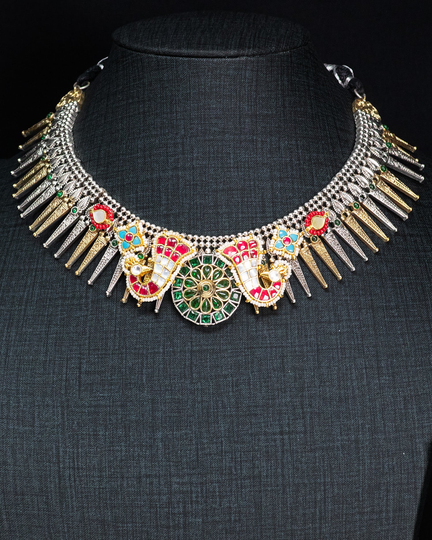 Royal Peacock Silver Look Alike Statement Necklace Set