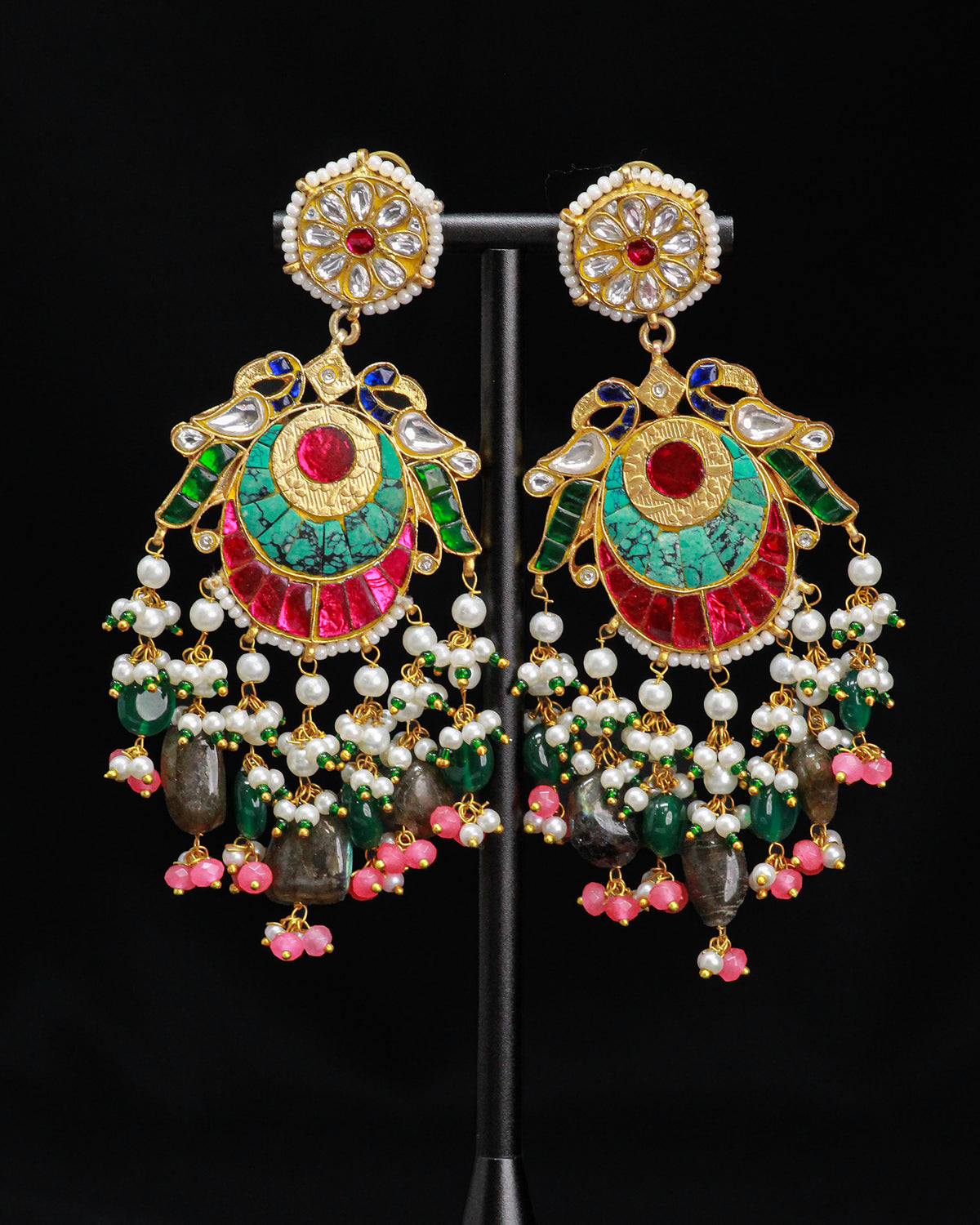 Multicolor Bird Emerald Pearls Kundan Dangle Earrings