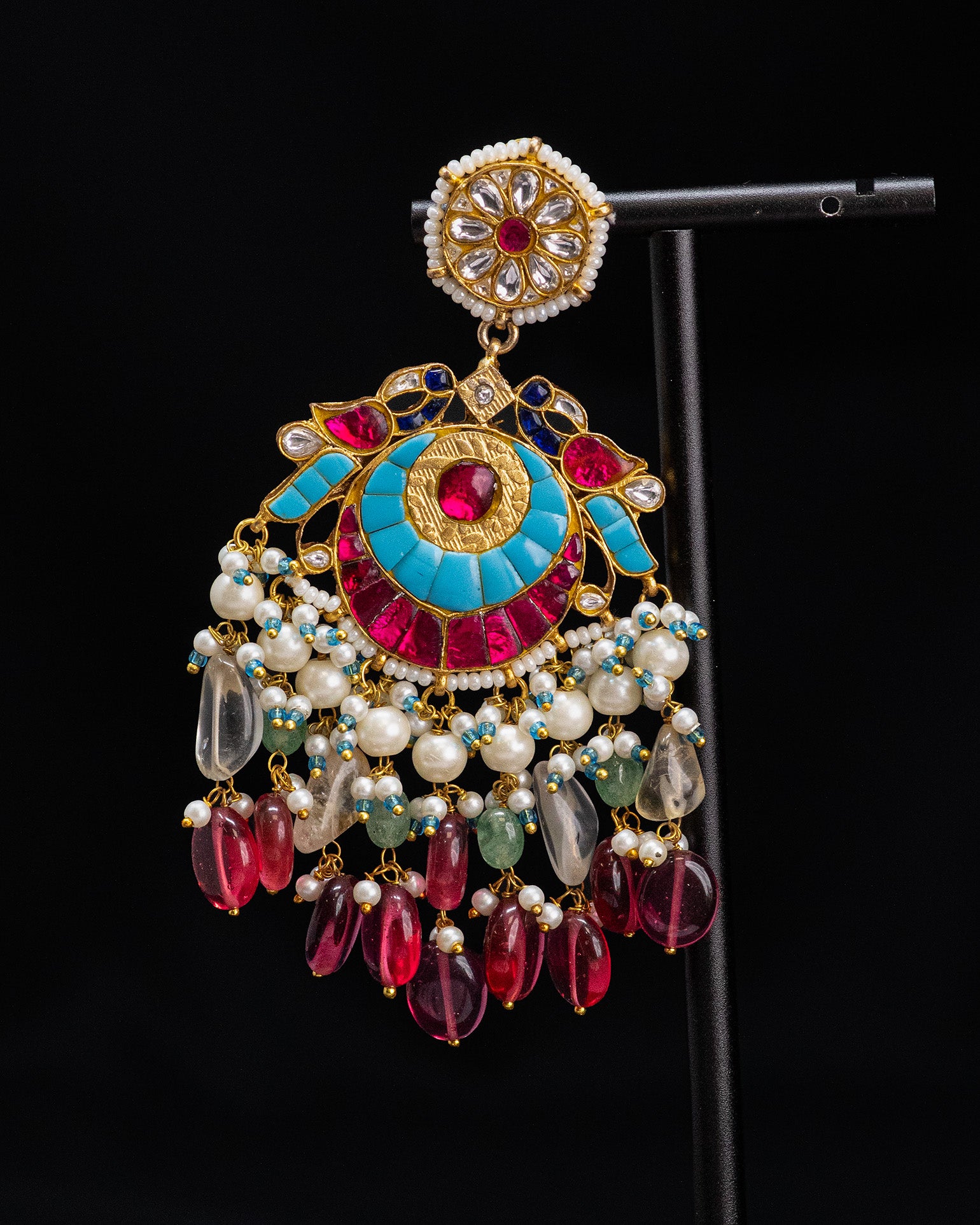 Multicolor Bird Pink Pearls Kundan Dangle Earrings