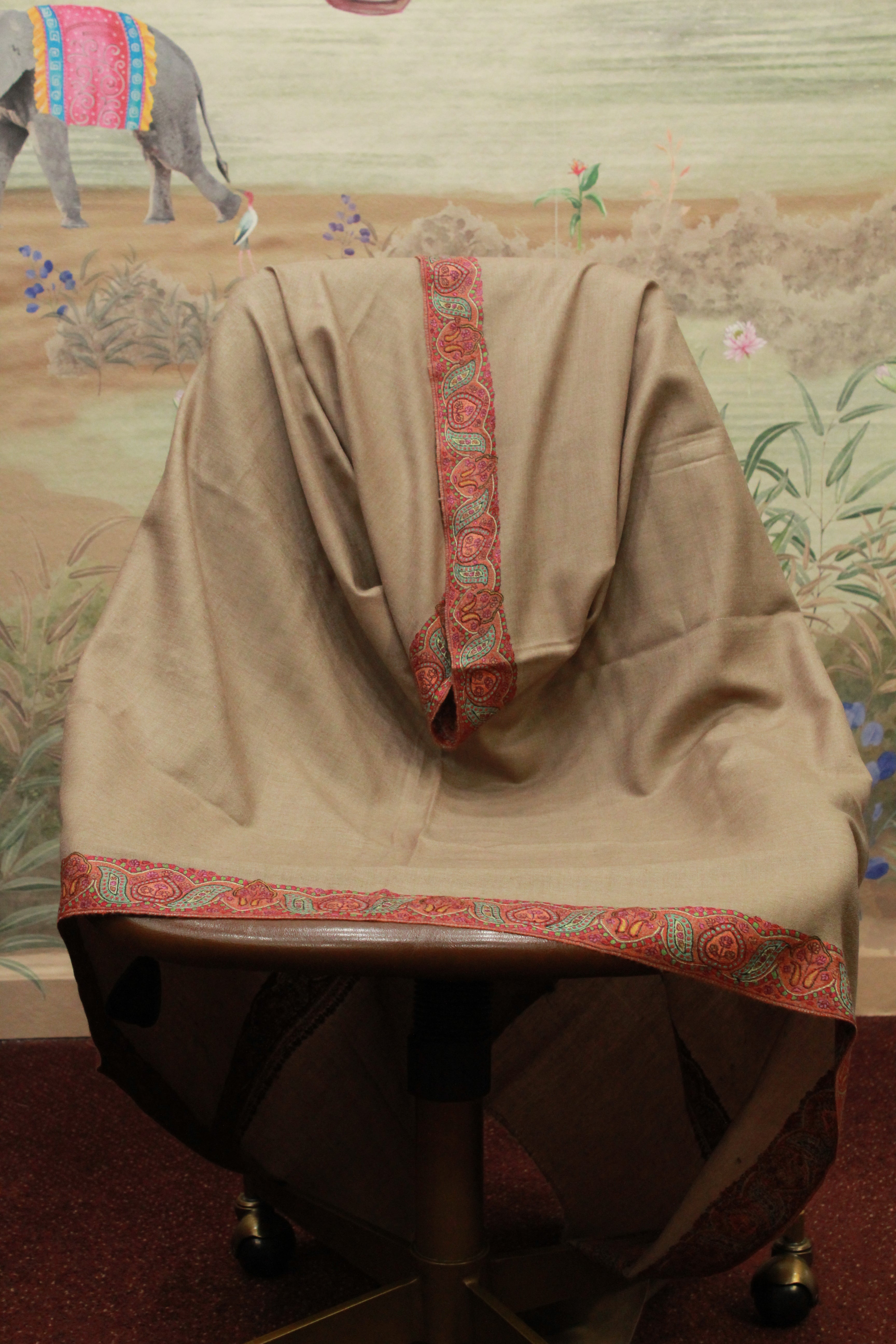 Beige Paisley Border Embroidered Shawl