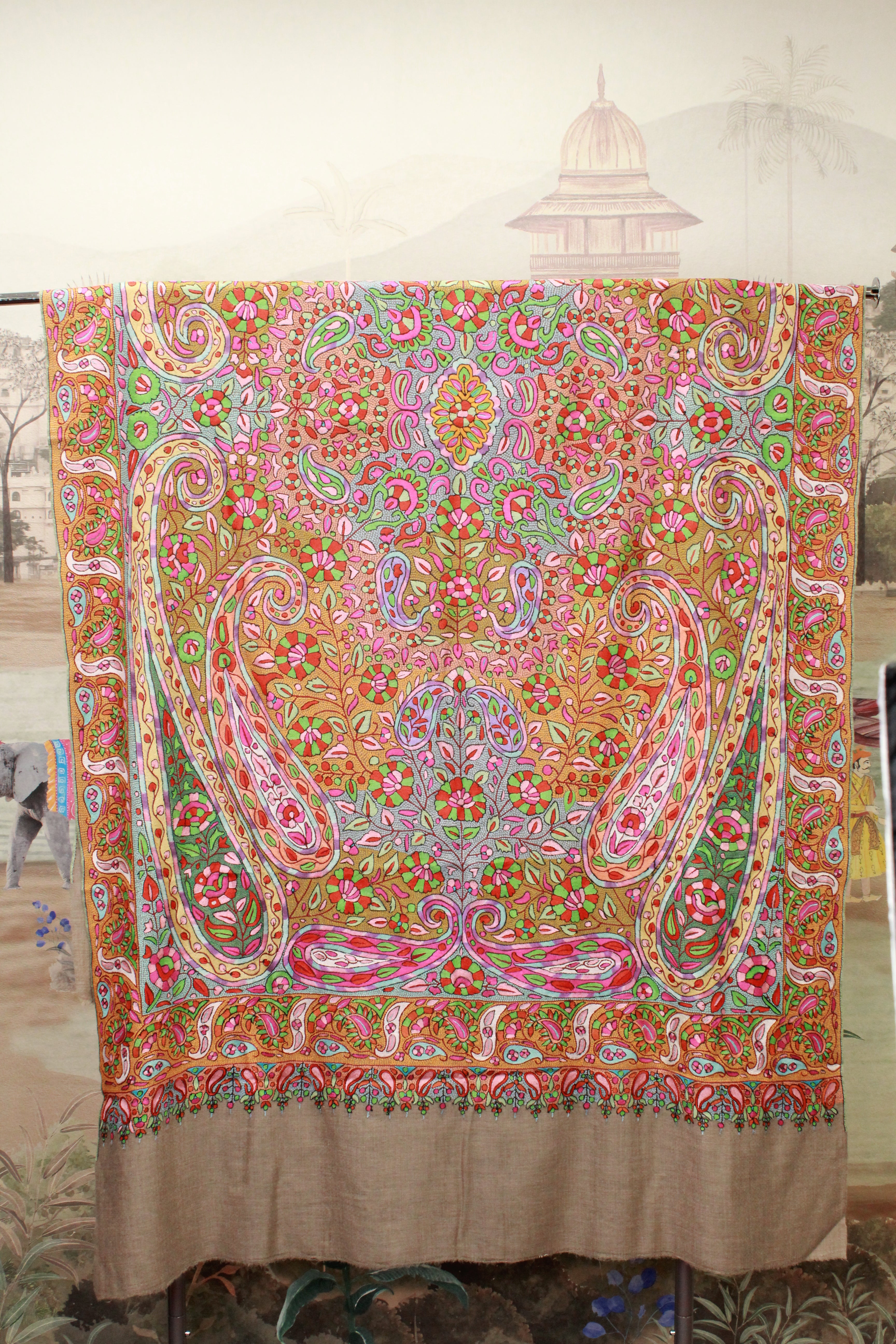 Multicolor Floral Paisley Embroidered Beige Shawl