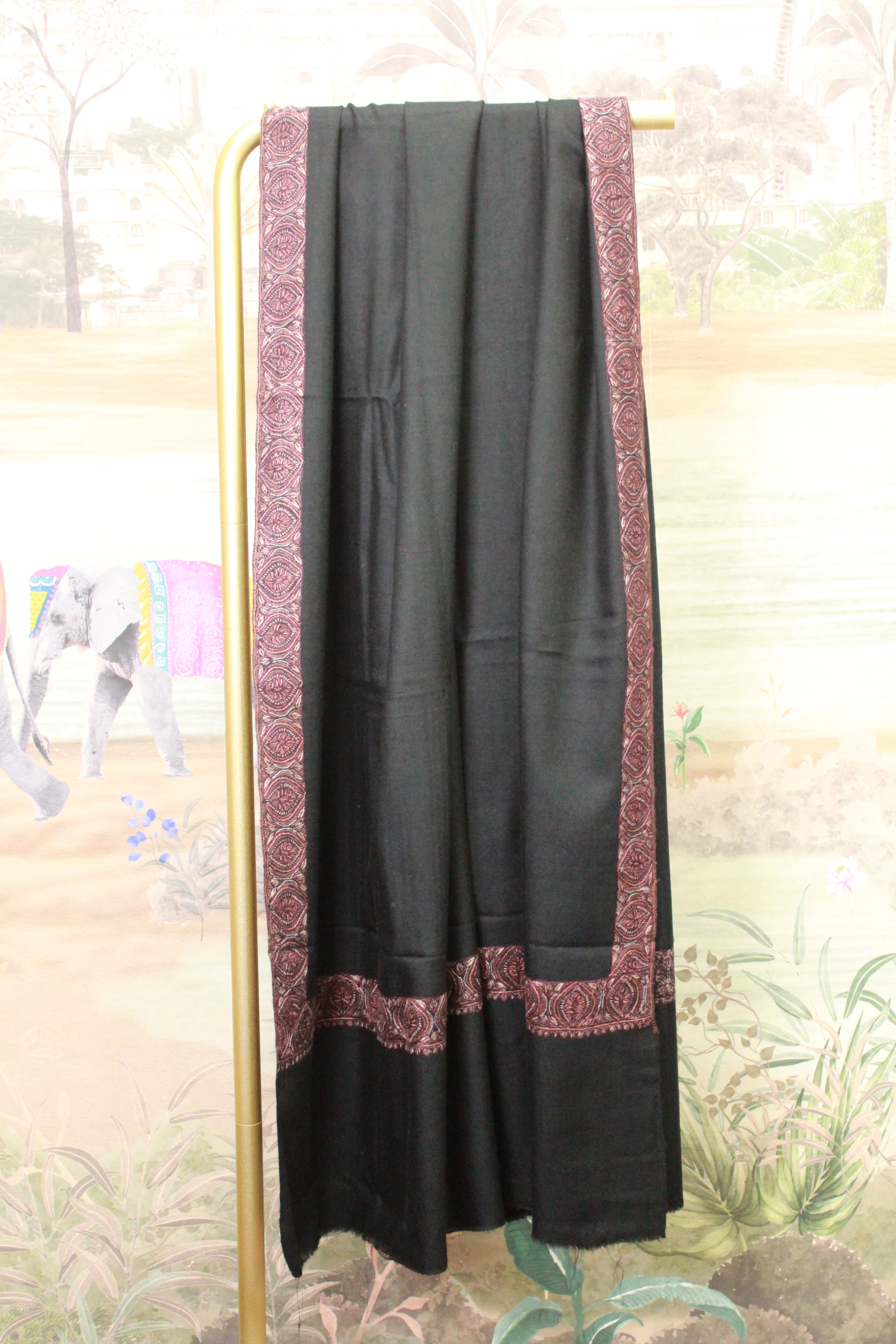 Black Shawl with Traditional Paisley Embroidered Border