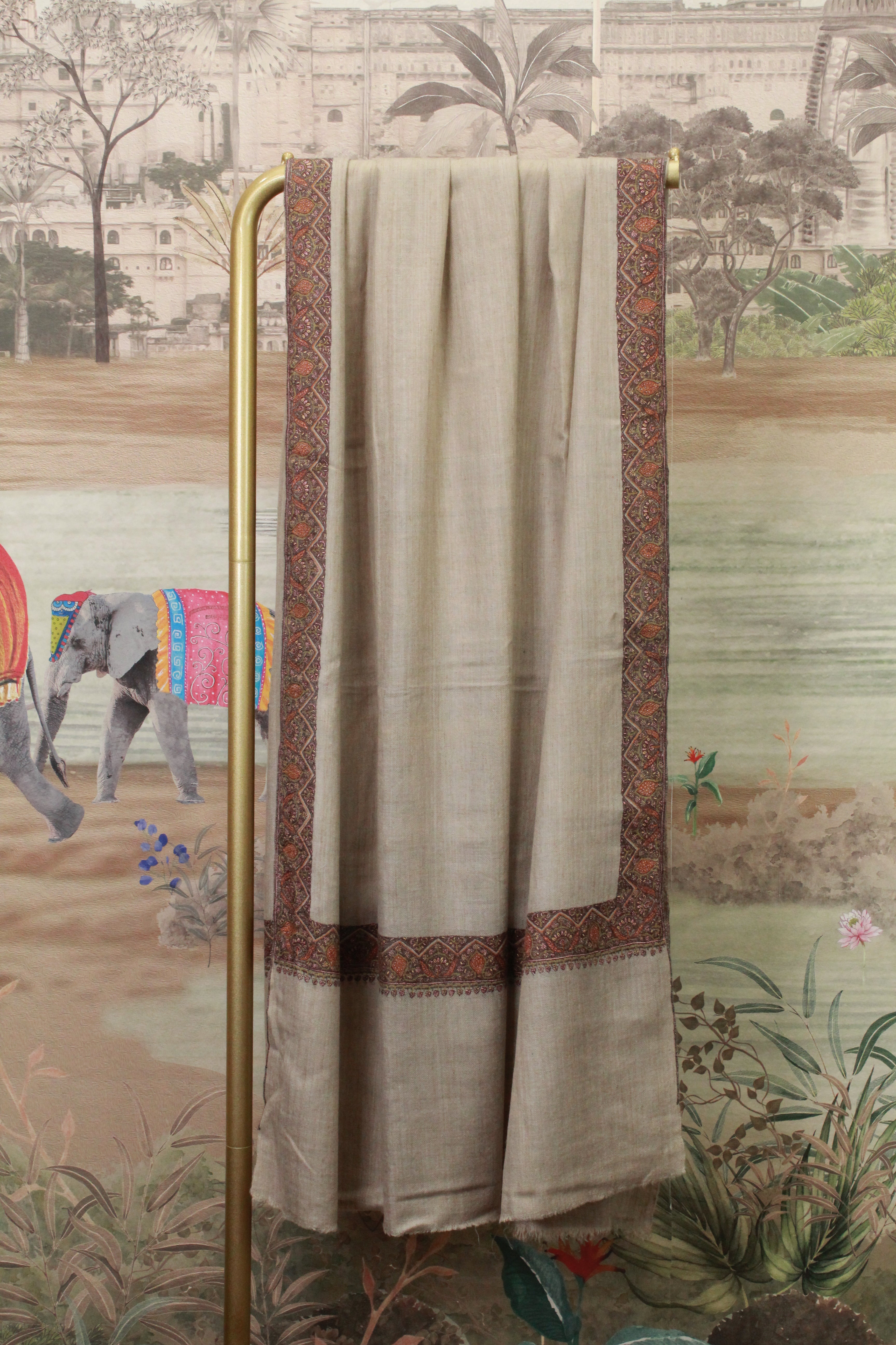 Beige Traditional Embroidered Shawl with Geometric Paisley Border