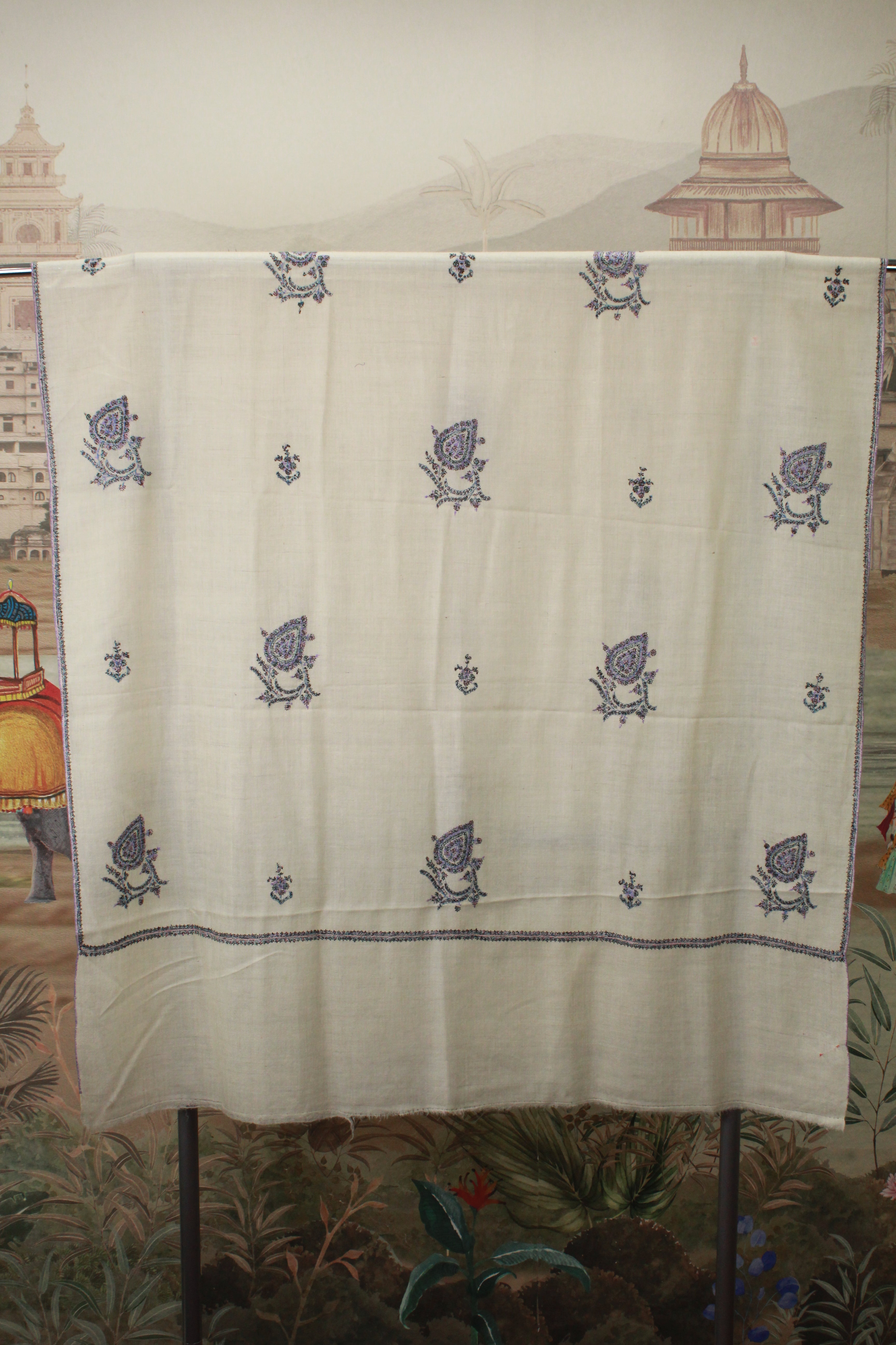 Cream Paisley Embroidered Kashmiri Shawl