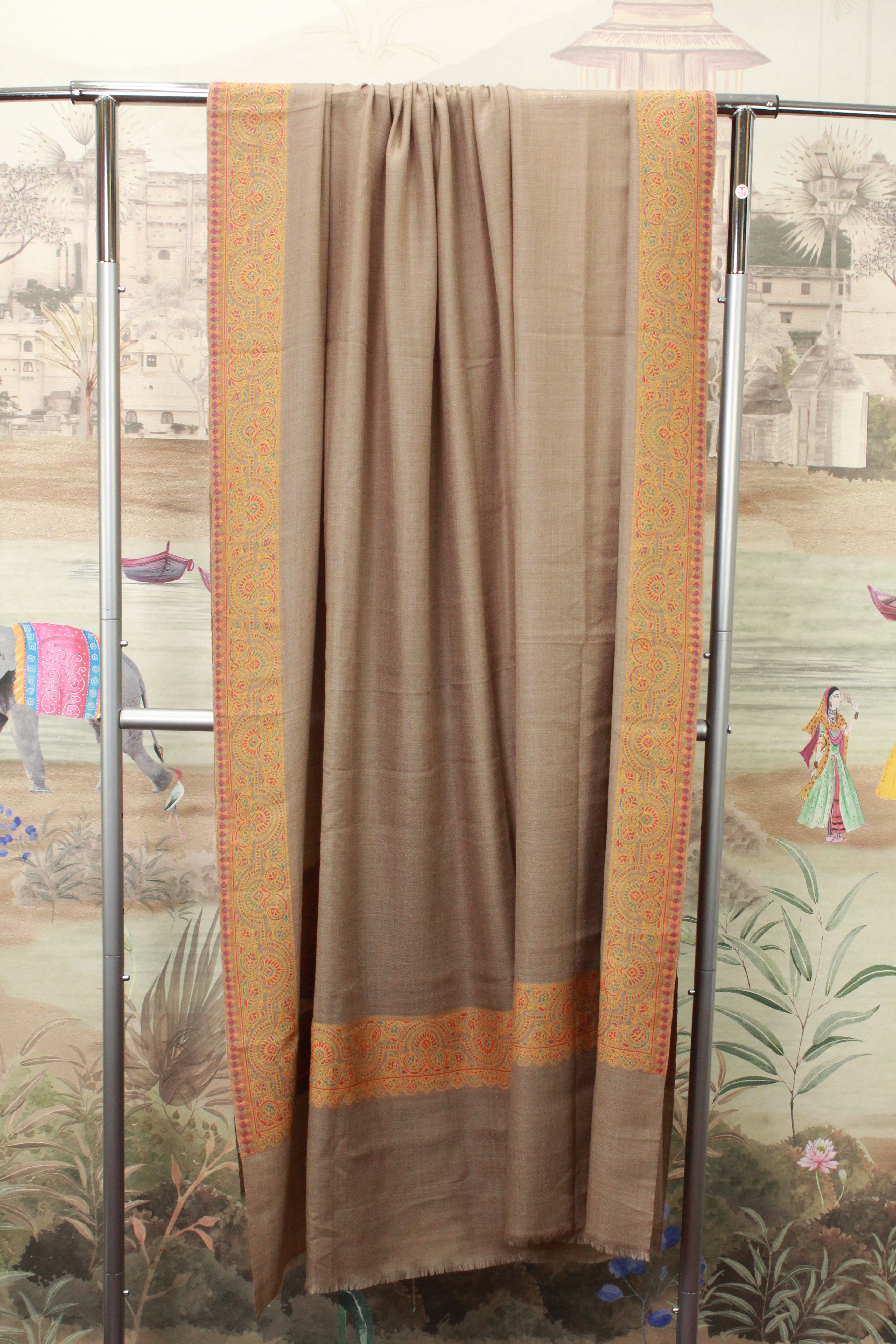 Taupe Paisley Border Kashmiri Shawl with Traditional Motif Design