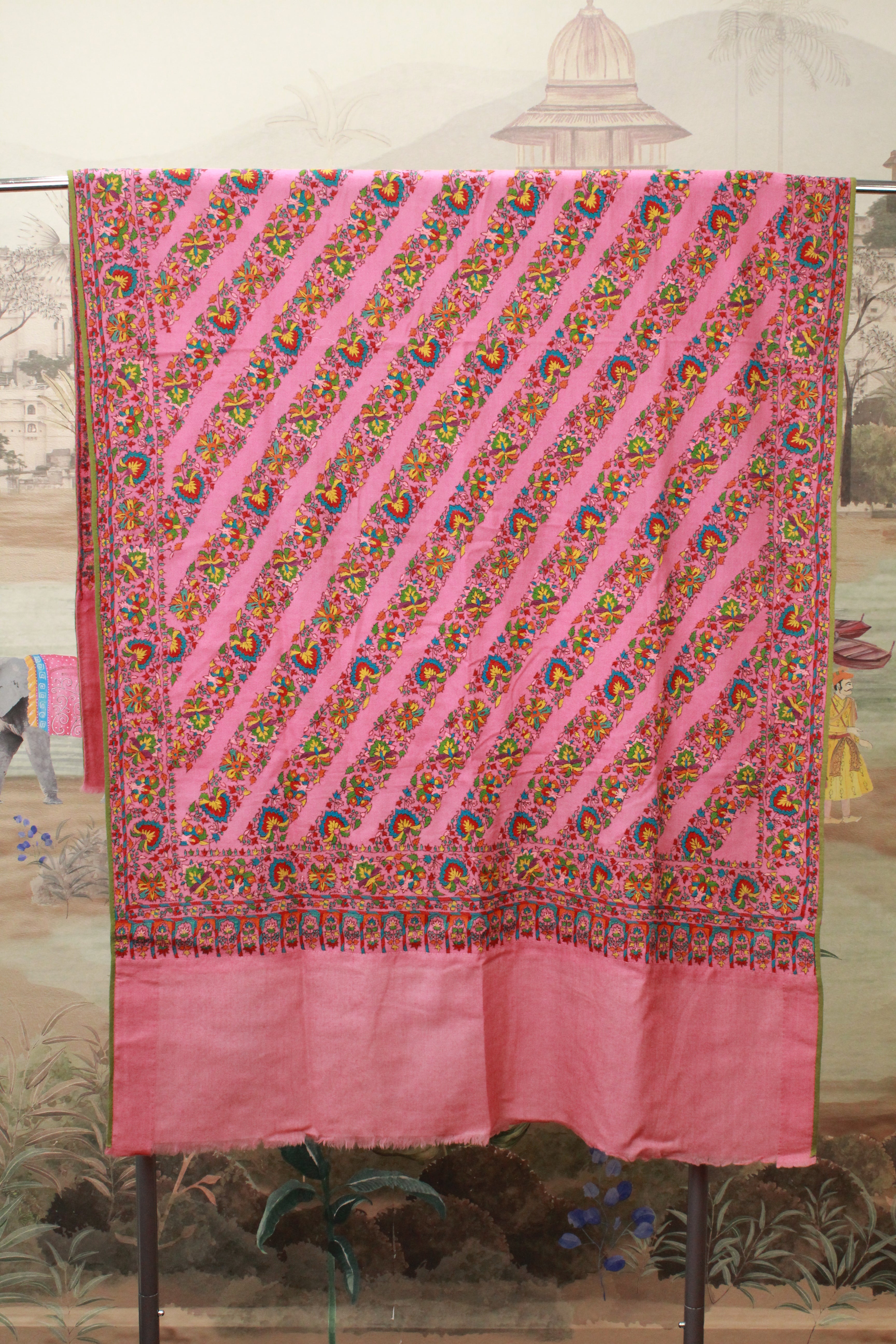 Pink Floral Embroidered Shawl with Multicolor Striped Pattern