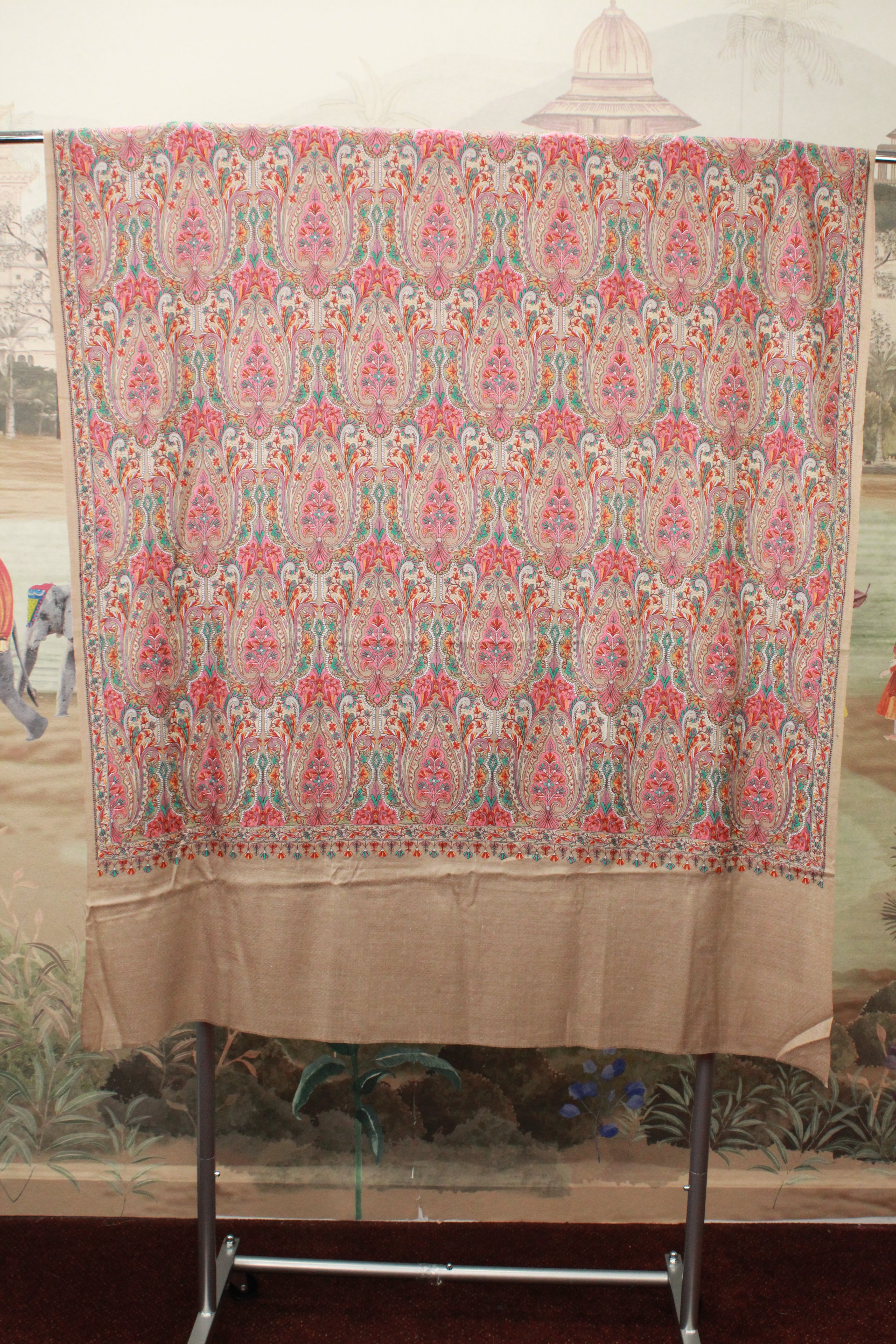 Cream Floral Paisley Embroidered Shawl with Traditional Pattern
