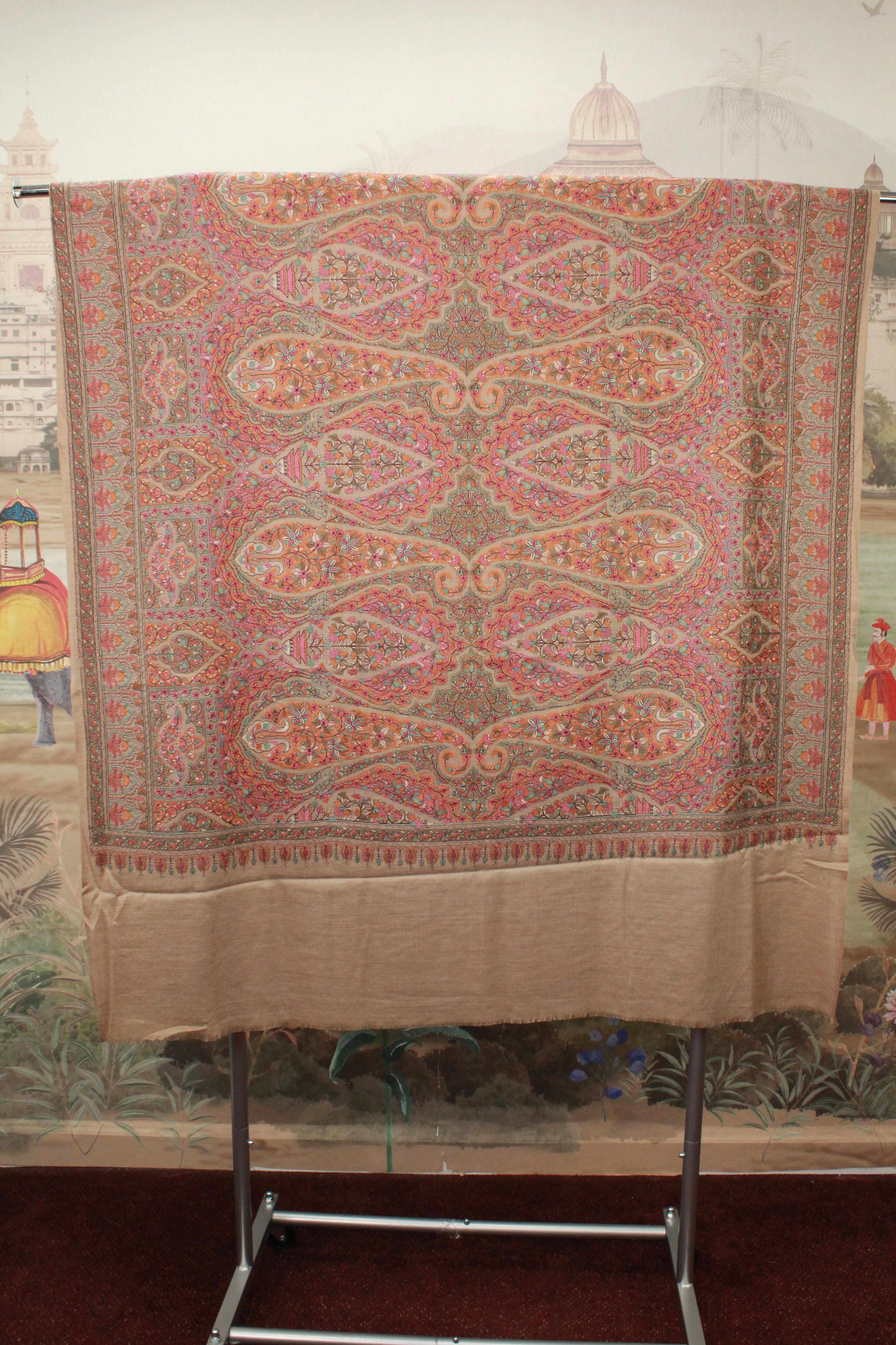 Peach Paisley Floral Embroidered Kashmiri Shawl with Traditional Pattern