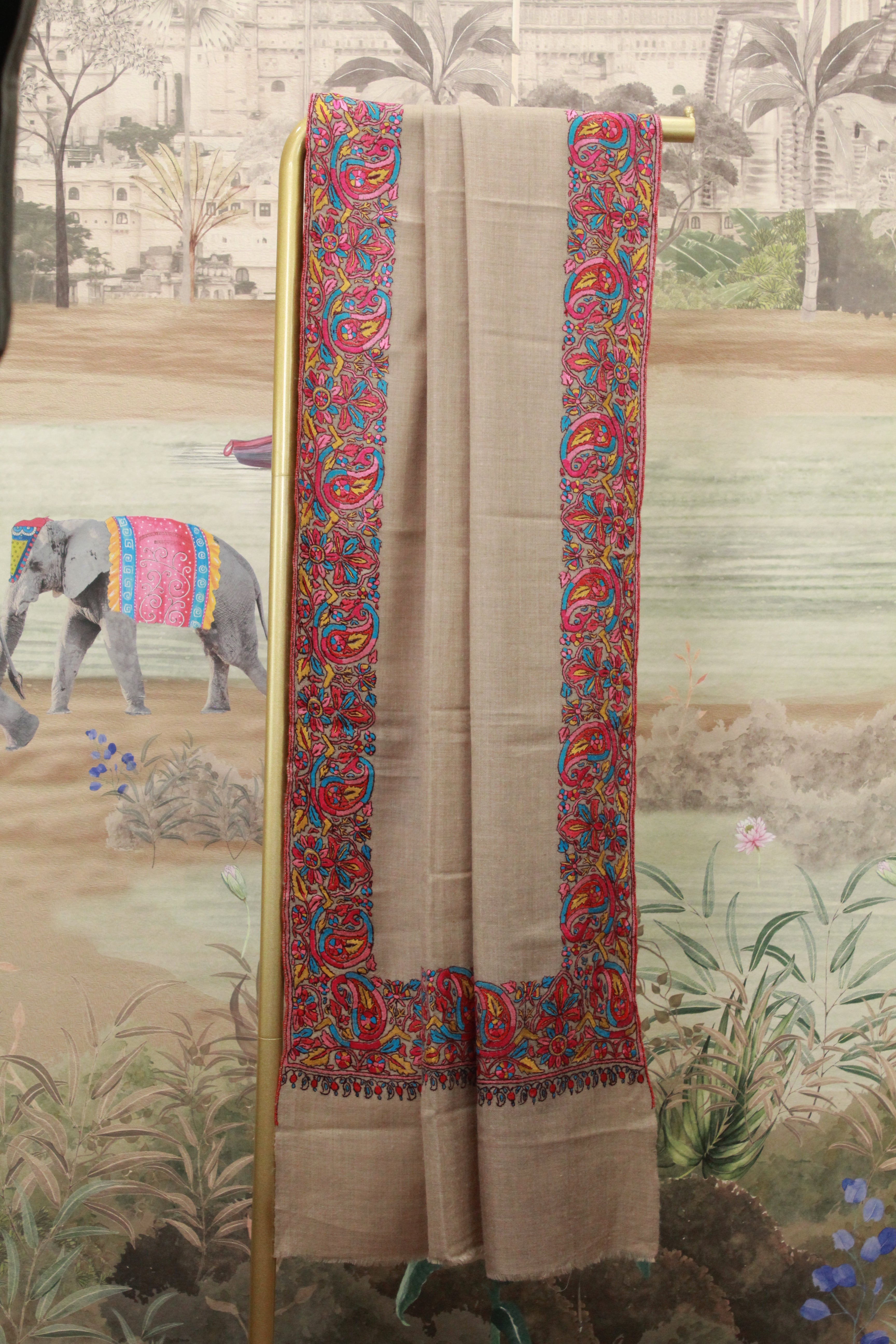 Beige Kashmiri Shawl with Multicolor Paisley and Floral Embroidered Border