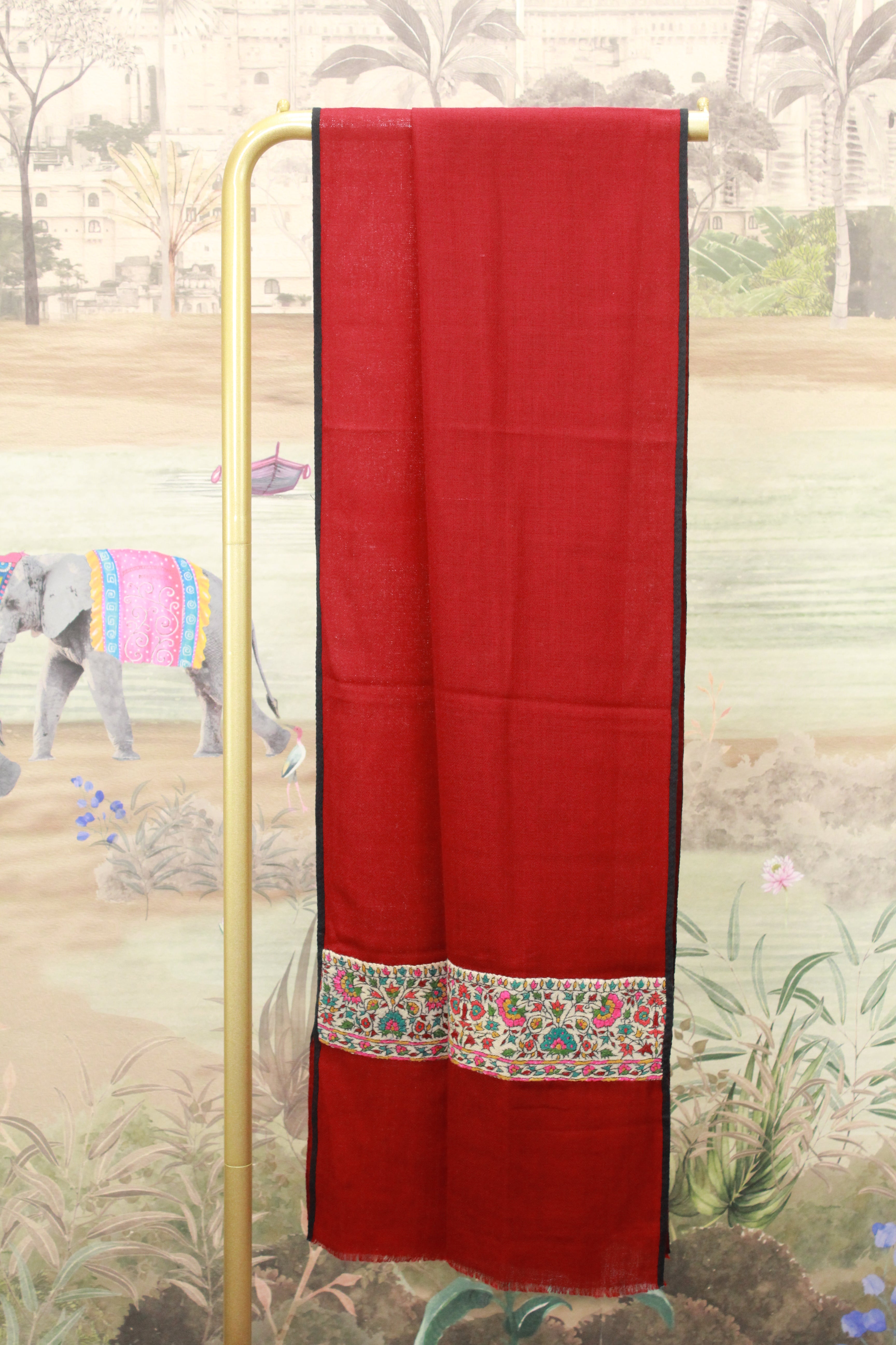 Red Kashmiri Shawl with Multicolor Floral Embroidered Border