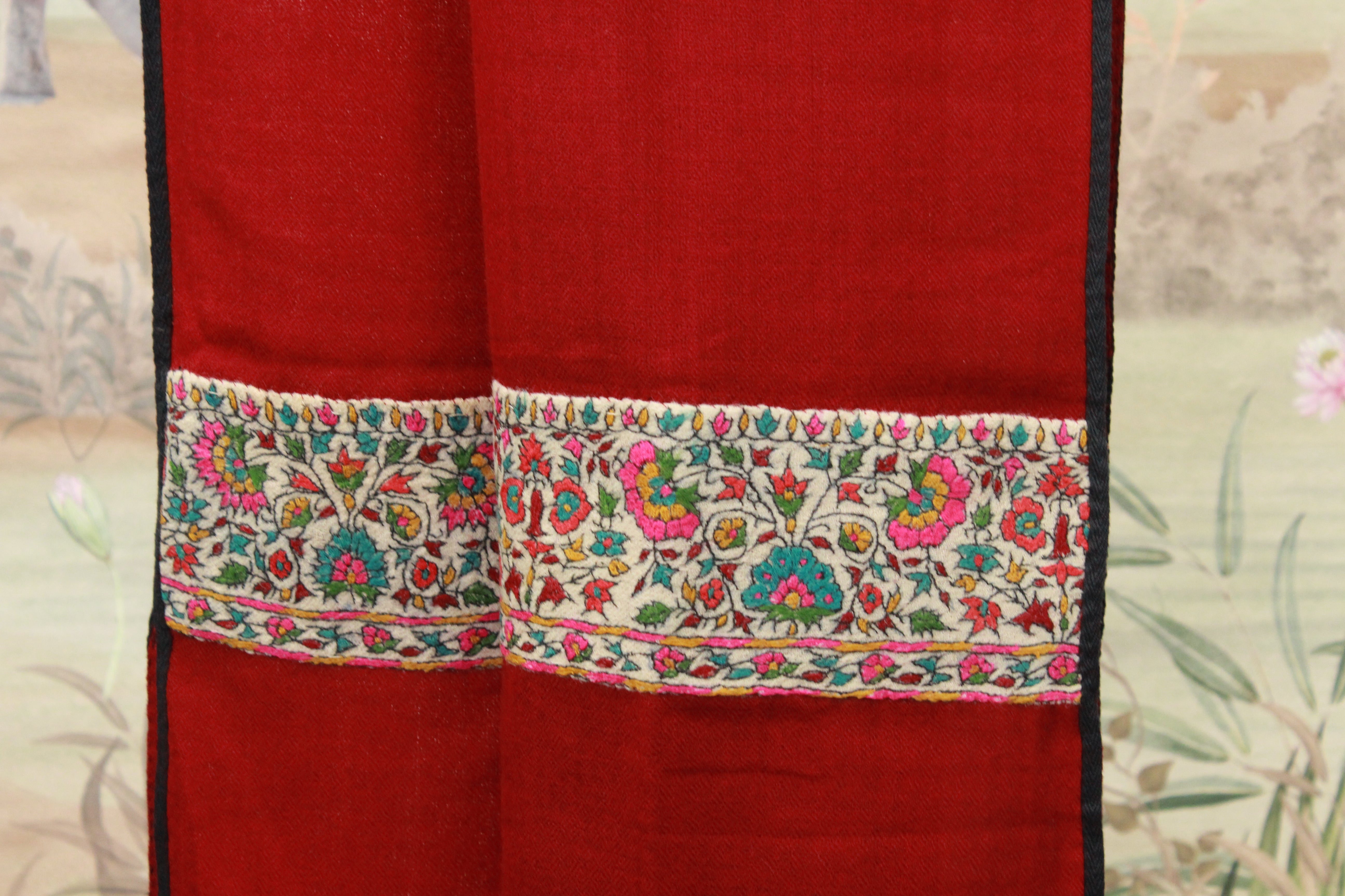 Red Kashmiri Shawl with Multicolor Floral Embroidered Border