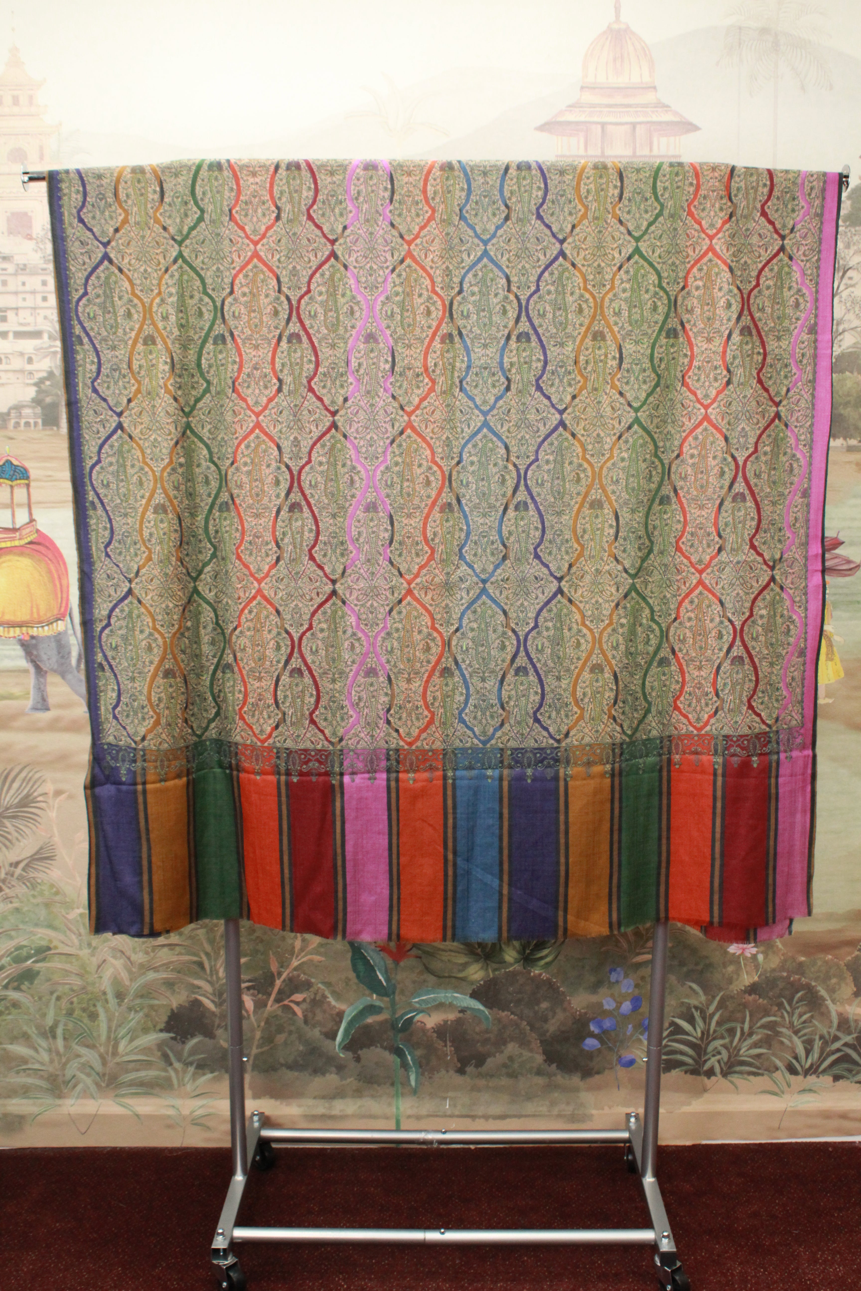 Multicolor Kashmiri Shawl with Traditional Paisley Pattern And Striped Border