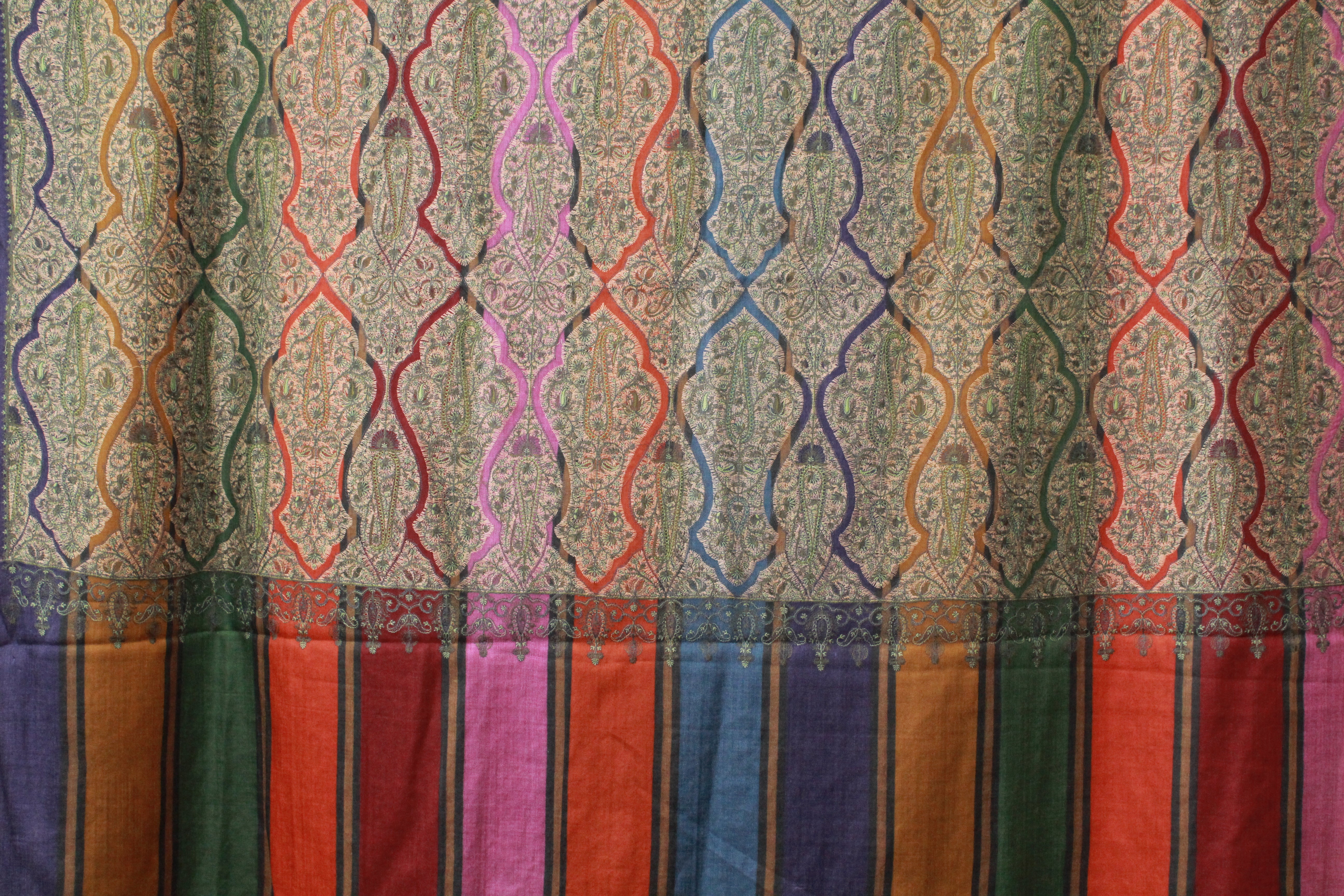 Multicolor Kashmiri Shawl with Traditional Paisley Pattern And Striped Border