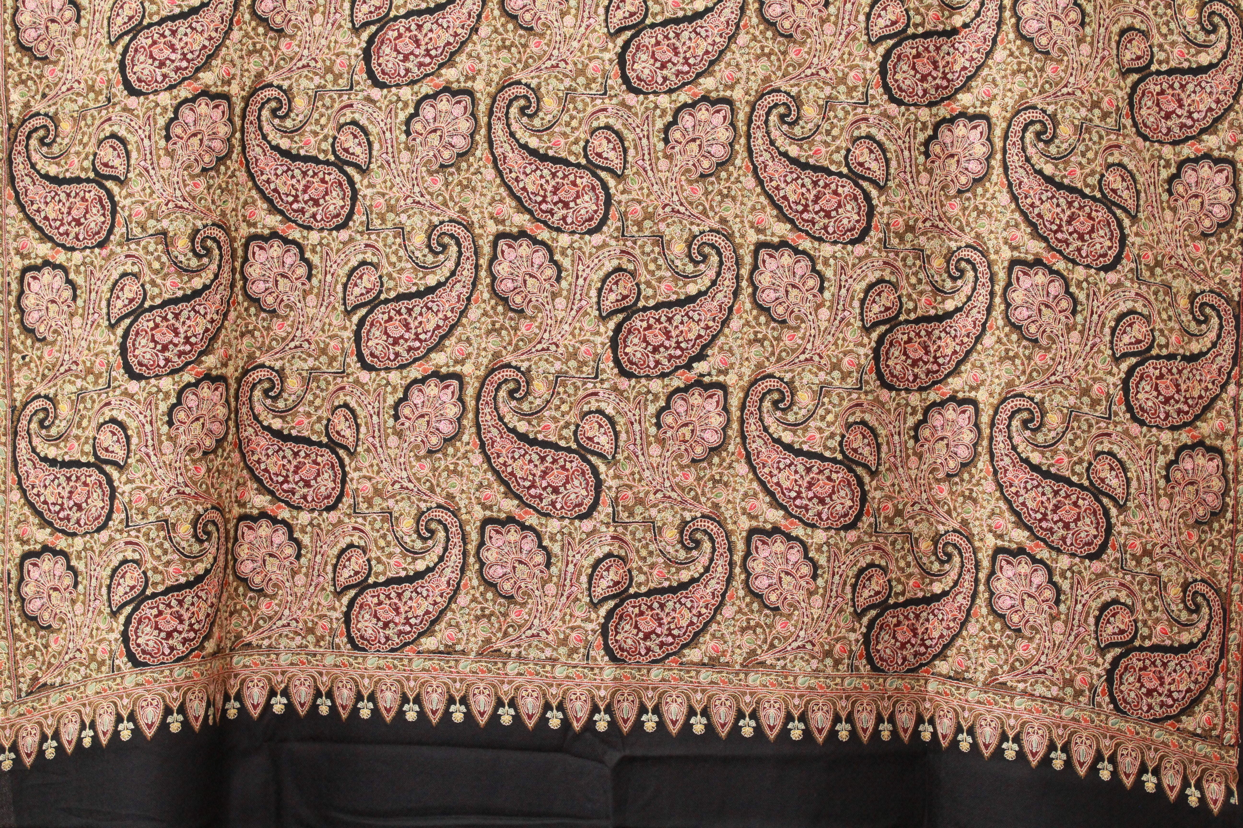 Black Kashmiri Shawl with All-Over Paisley And Floral Embroidery and Ornate Border