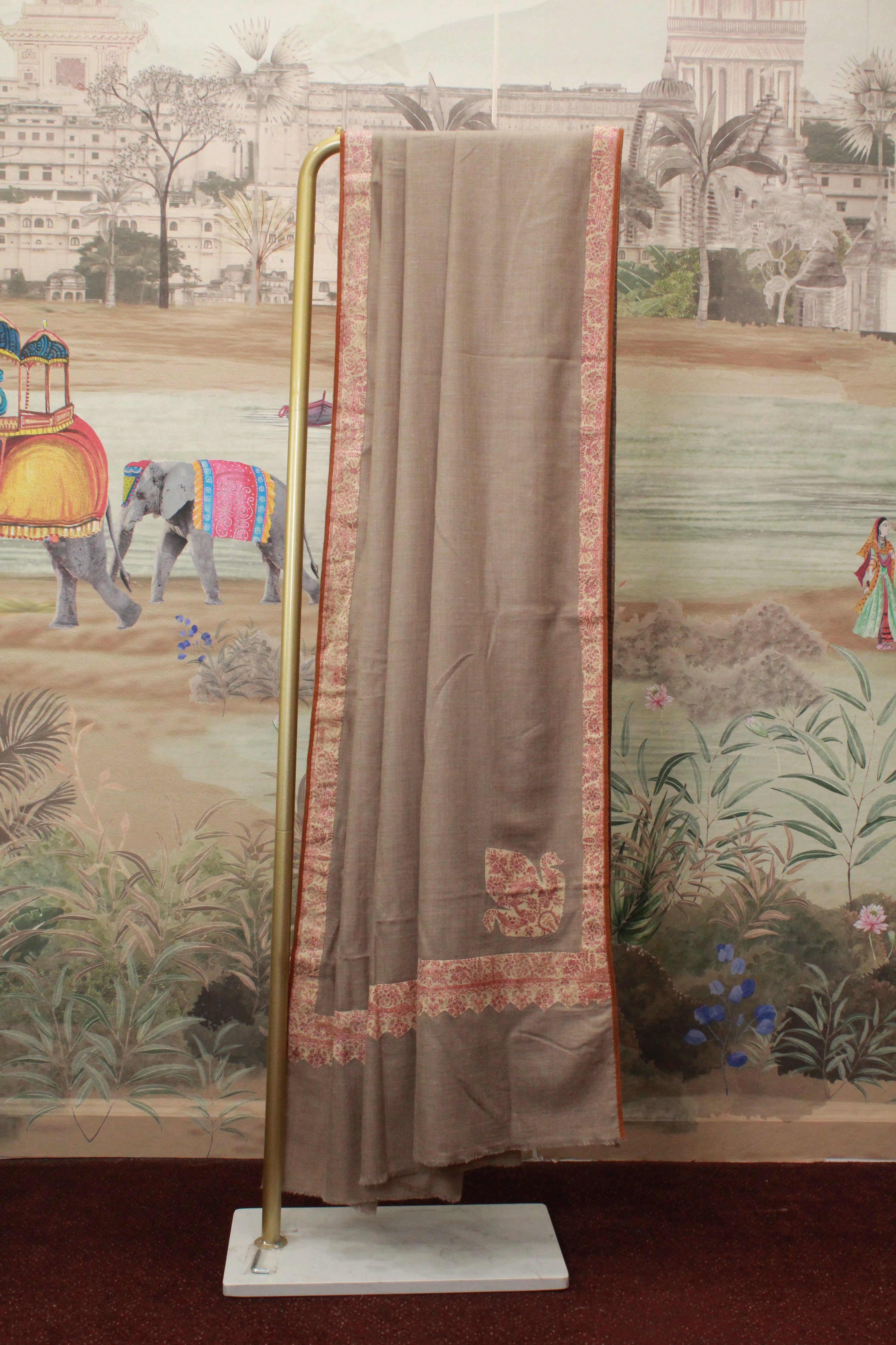 Taupe Kashmiri Shawl with Floral Printed Border And Swan Motif Detailing