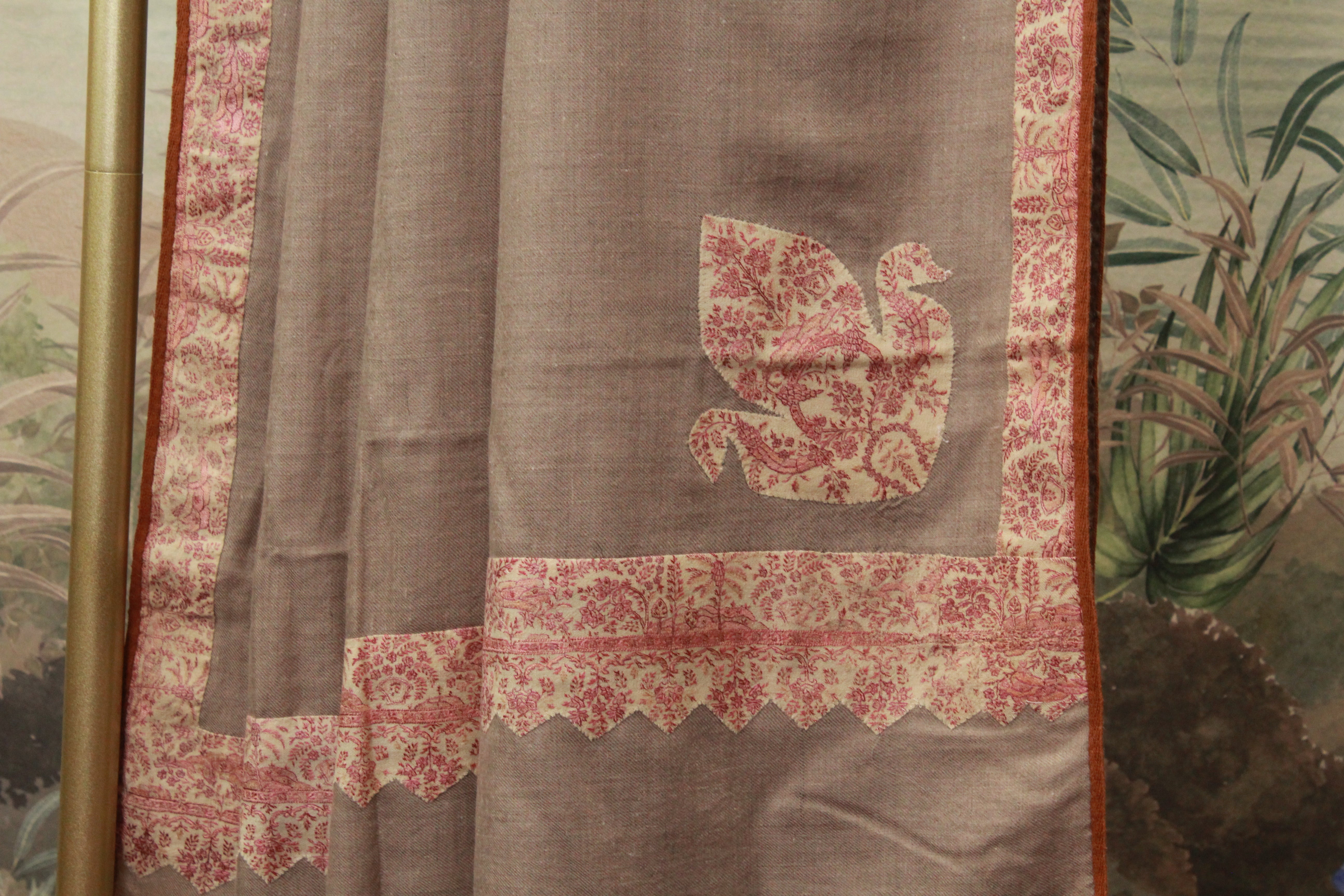 Taupe Kashmiri Shawl with Floral Printed Border And Swan Motif Detailing