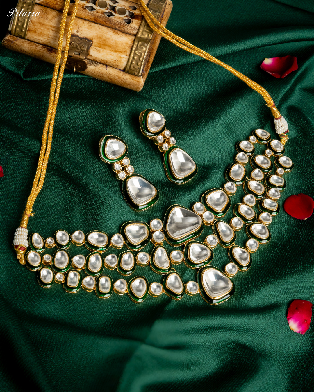 Kundan with Green Enamel Choker Set with Modern Touch_Front Image