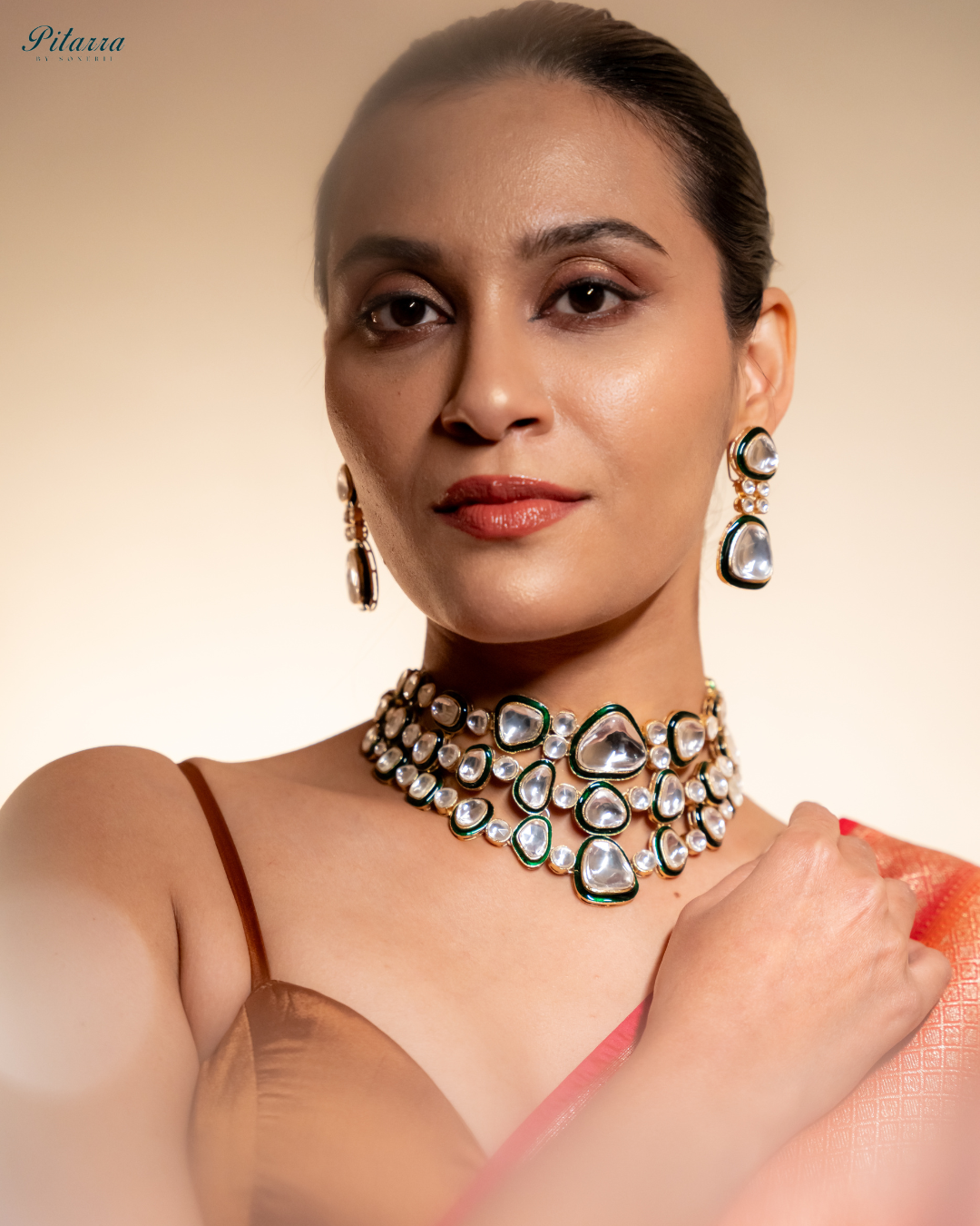 Kundan with Green Enamel Choker Set with Modern Touch_Front Pose