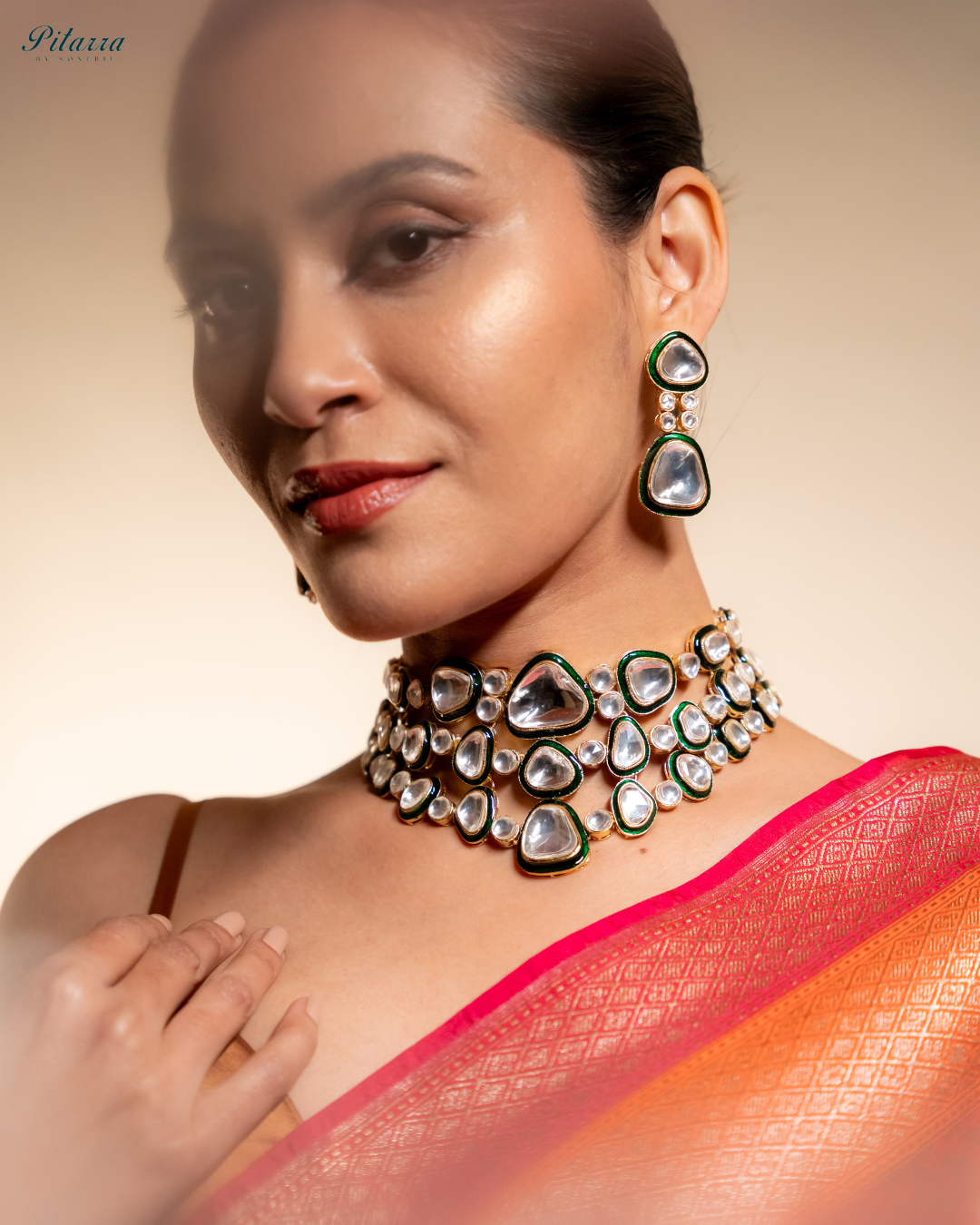 Kundan with Green Enamel Choker Set with Modern Touch_Side Pose