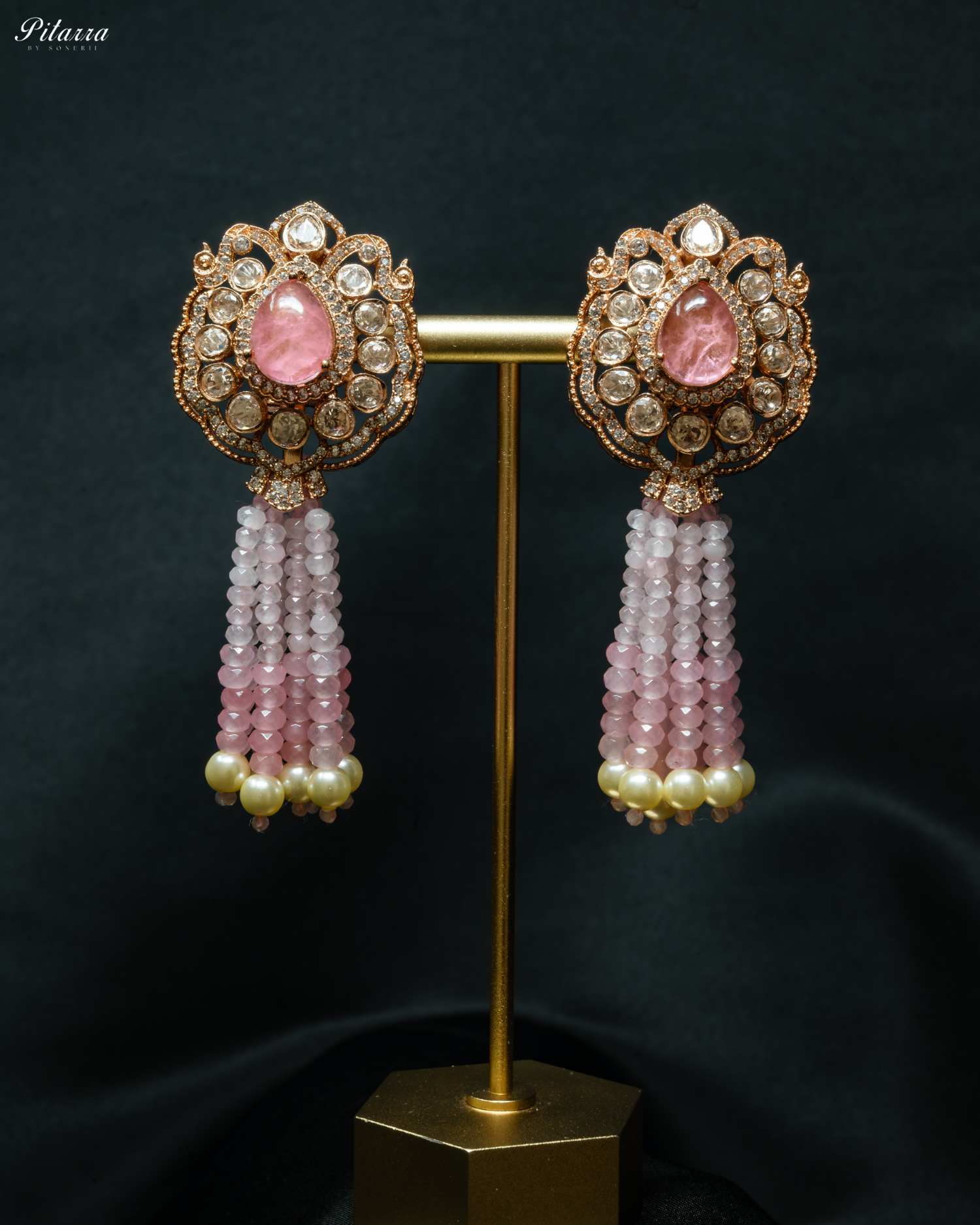 Long Pink Beads Kundan Necklace Set_Earrings