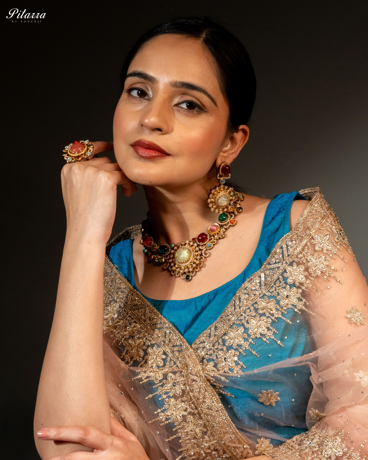 Multicolor Natural Stone Necklace Set Model Front Shoot Fusion Jewelry