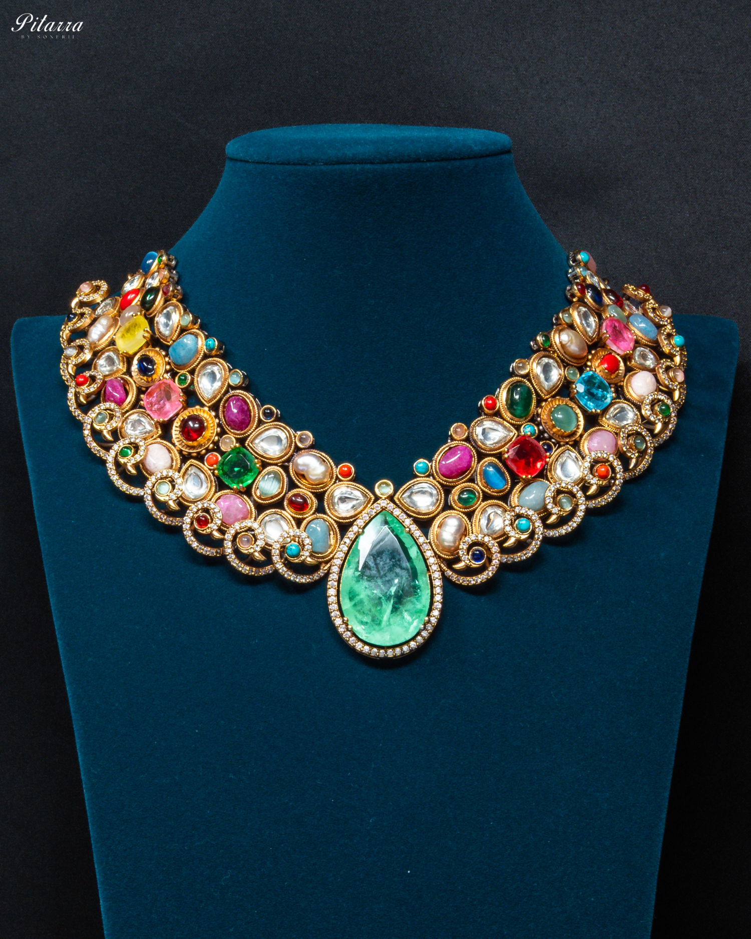 Multicolor Uncut Fusion Necklace Set_Front Image