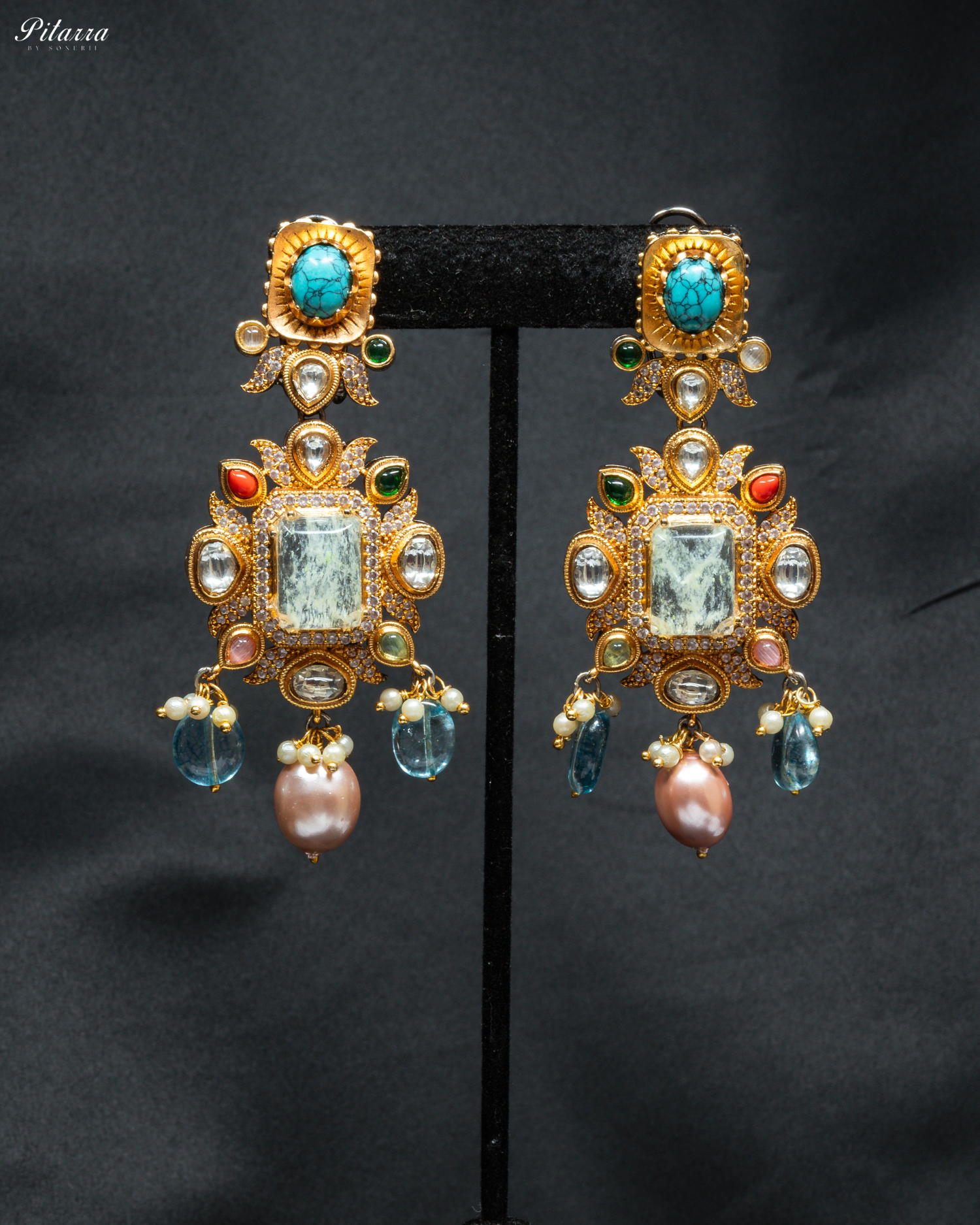 Navratana with White Doublet Centre Stones Choker Set_Earrings