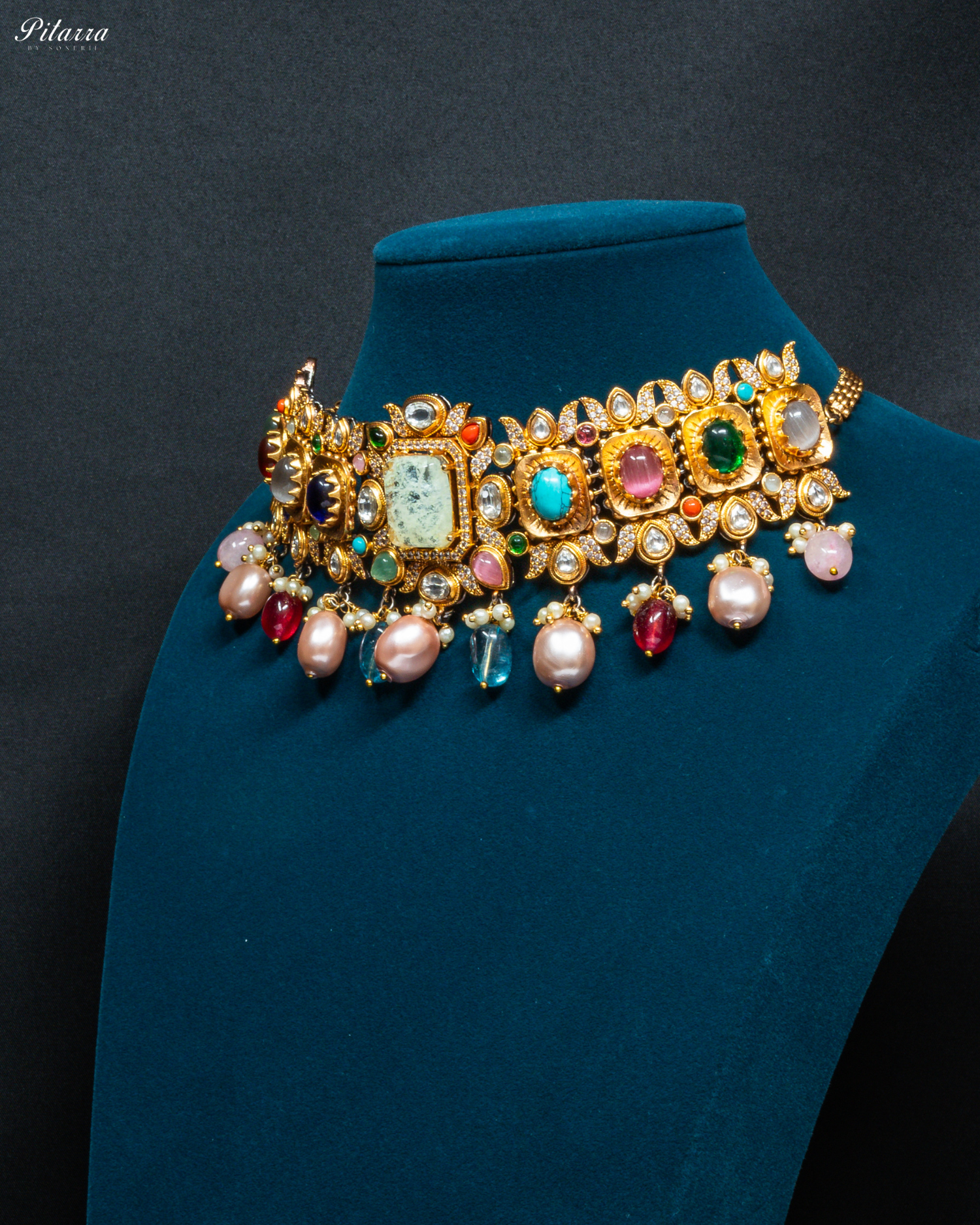 Navratana with White Doublet Centre Stones Choker Set_Side Angle