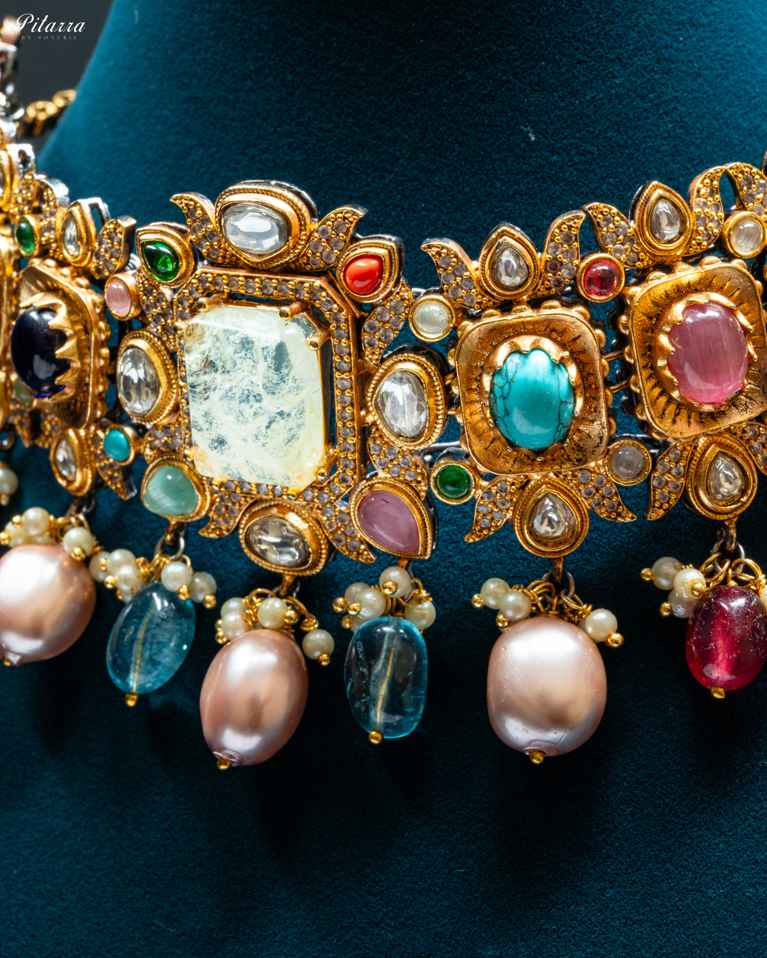 Navratana with White Doublet Centre Stones Choker Set_Zoom Angle