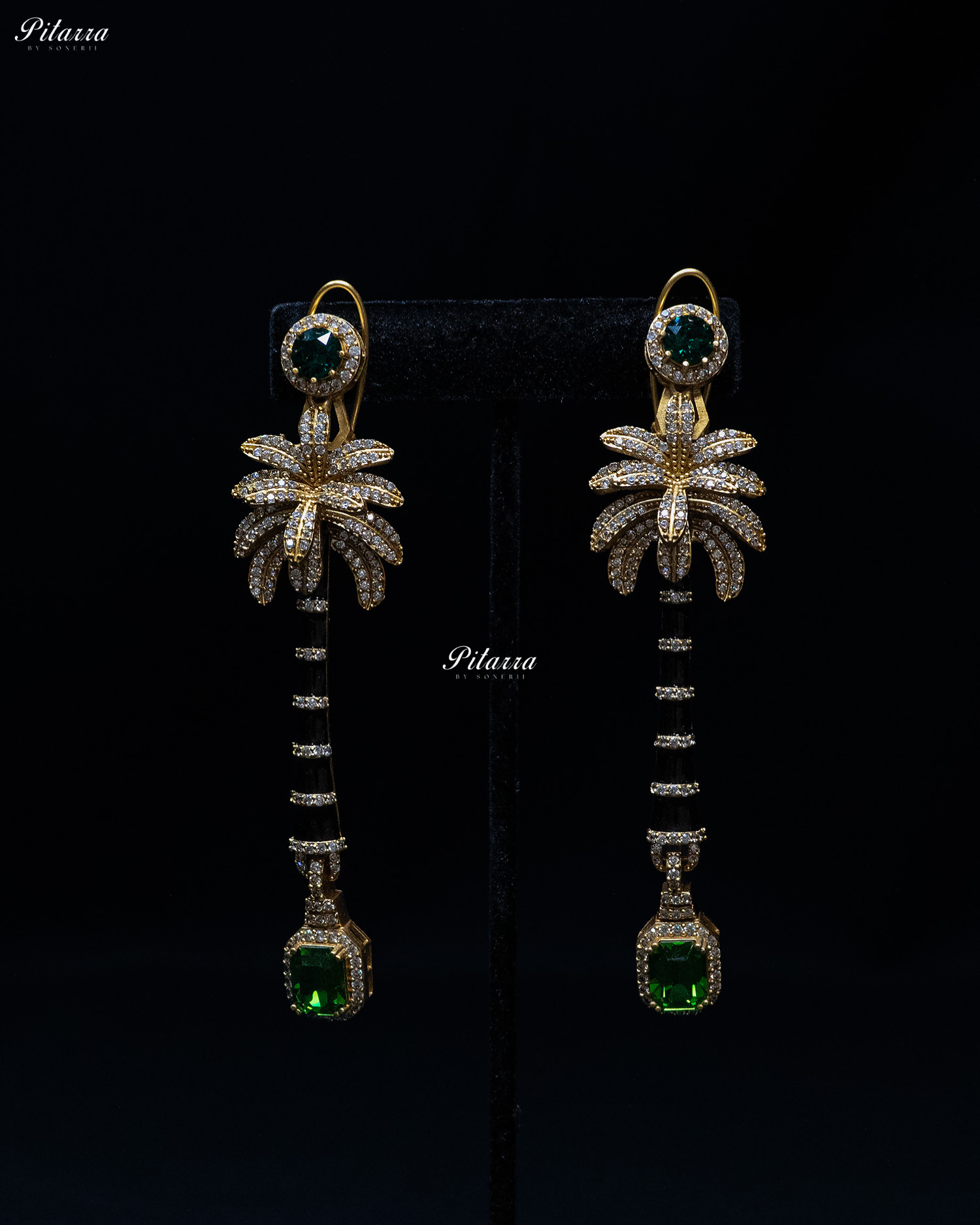 Navy Blue and Emerald Stone Palm Tree Crystal Earrings