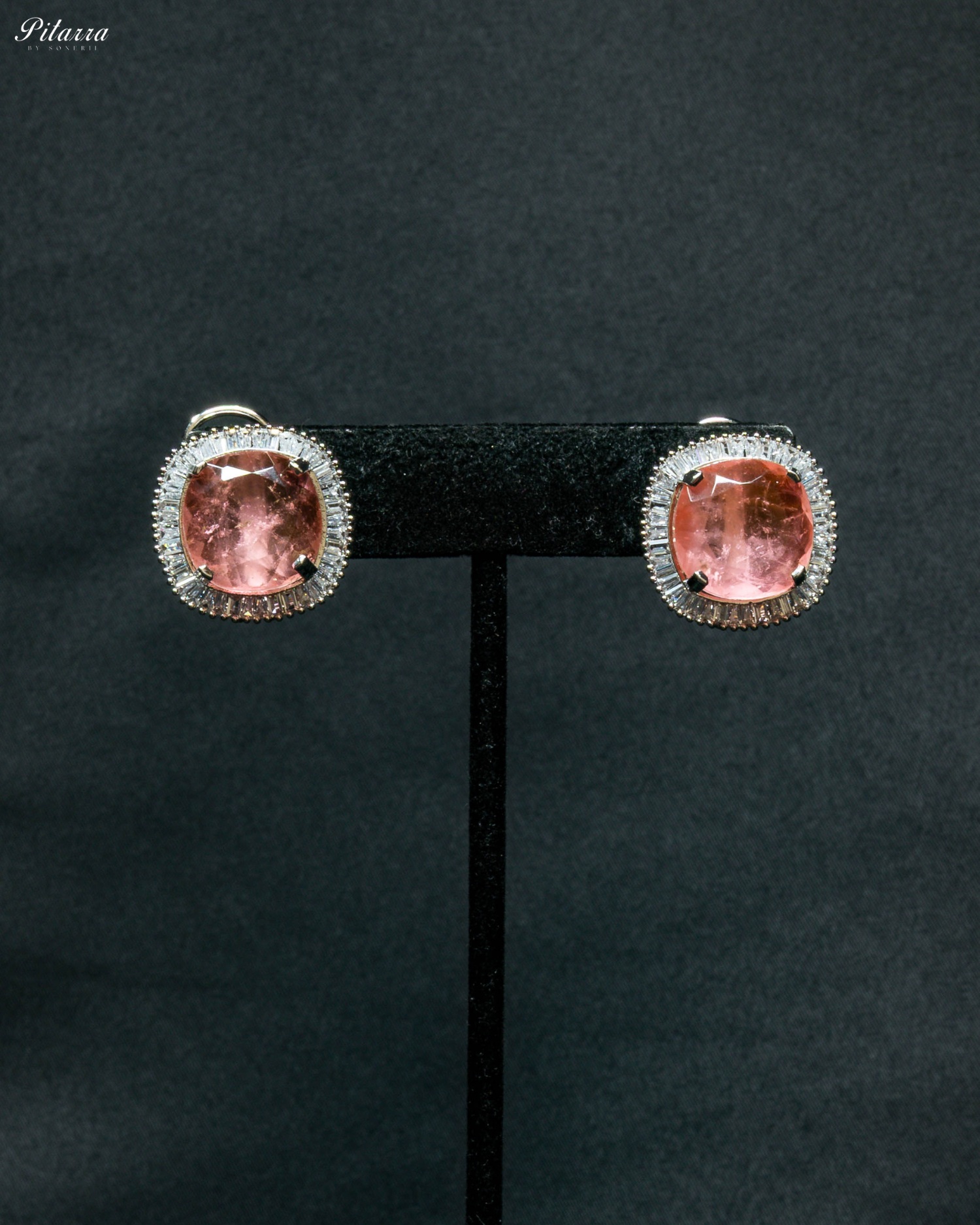 Peach Stone Silver CZ Choker Necklace Set_Earrings