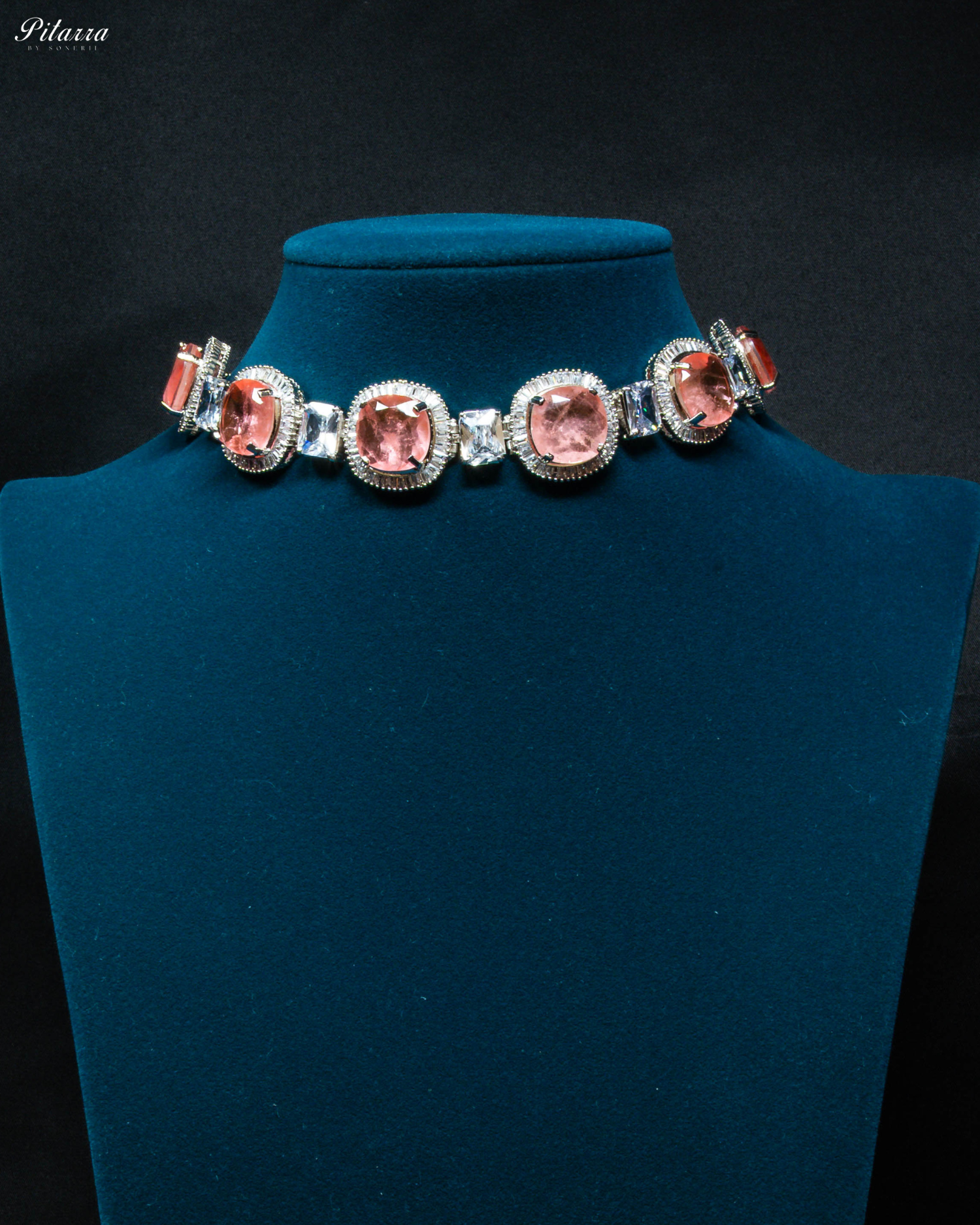 Peach Stone Silver CZ Choker Necklace Set_Front Image