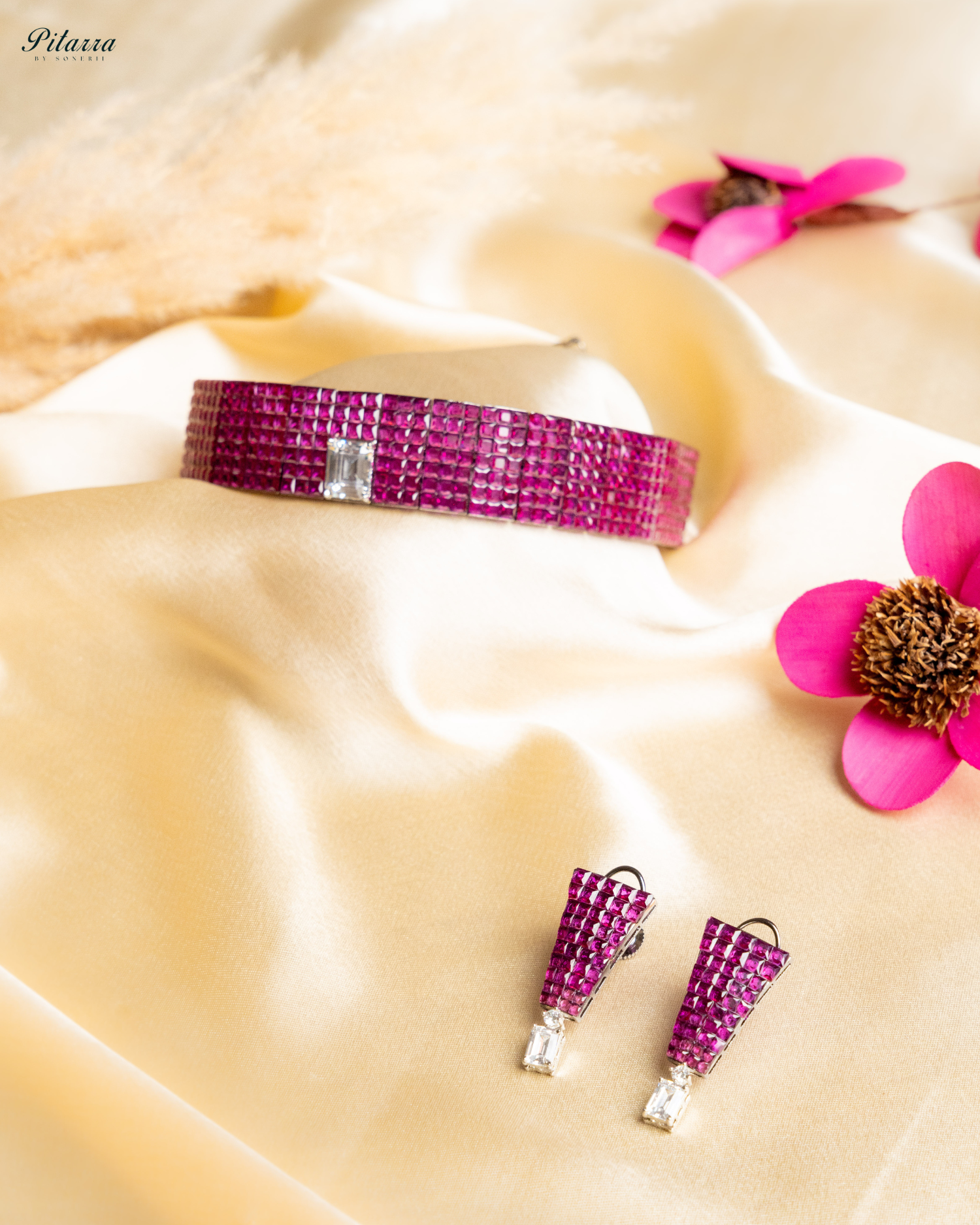 Pink CZ Choker Set_Necklace and Earrings