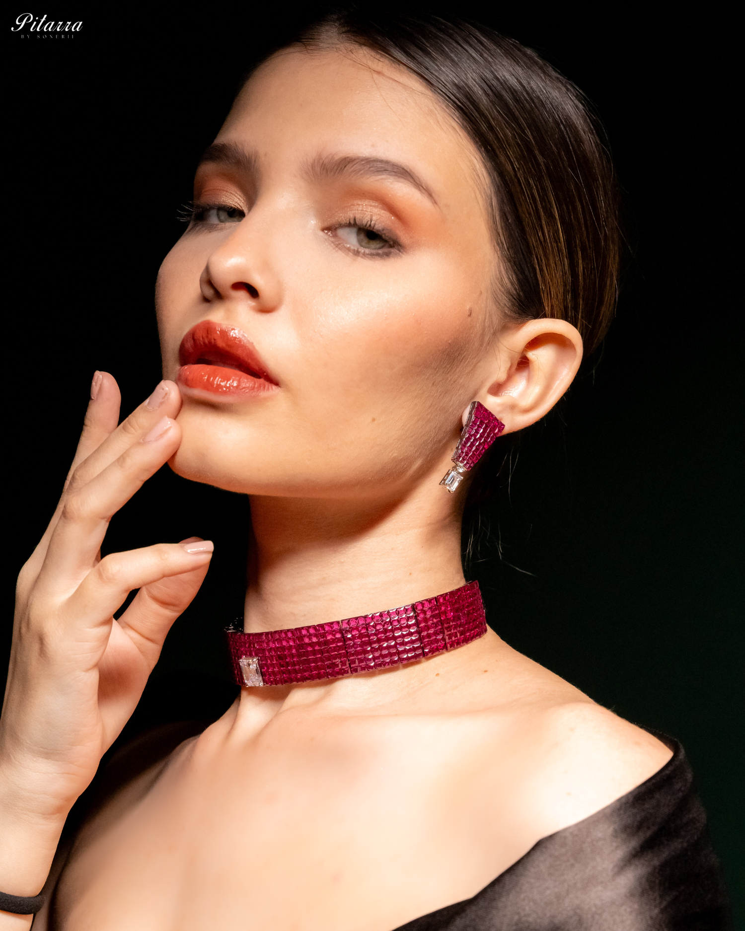 Pink CZ Choker Set_Side Necklace and Earrings