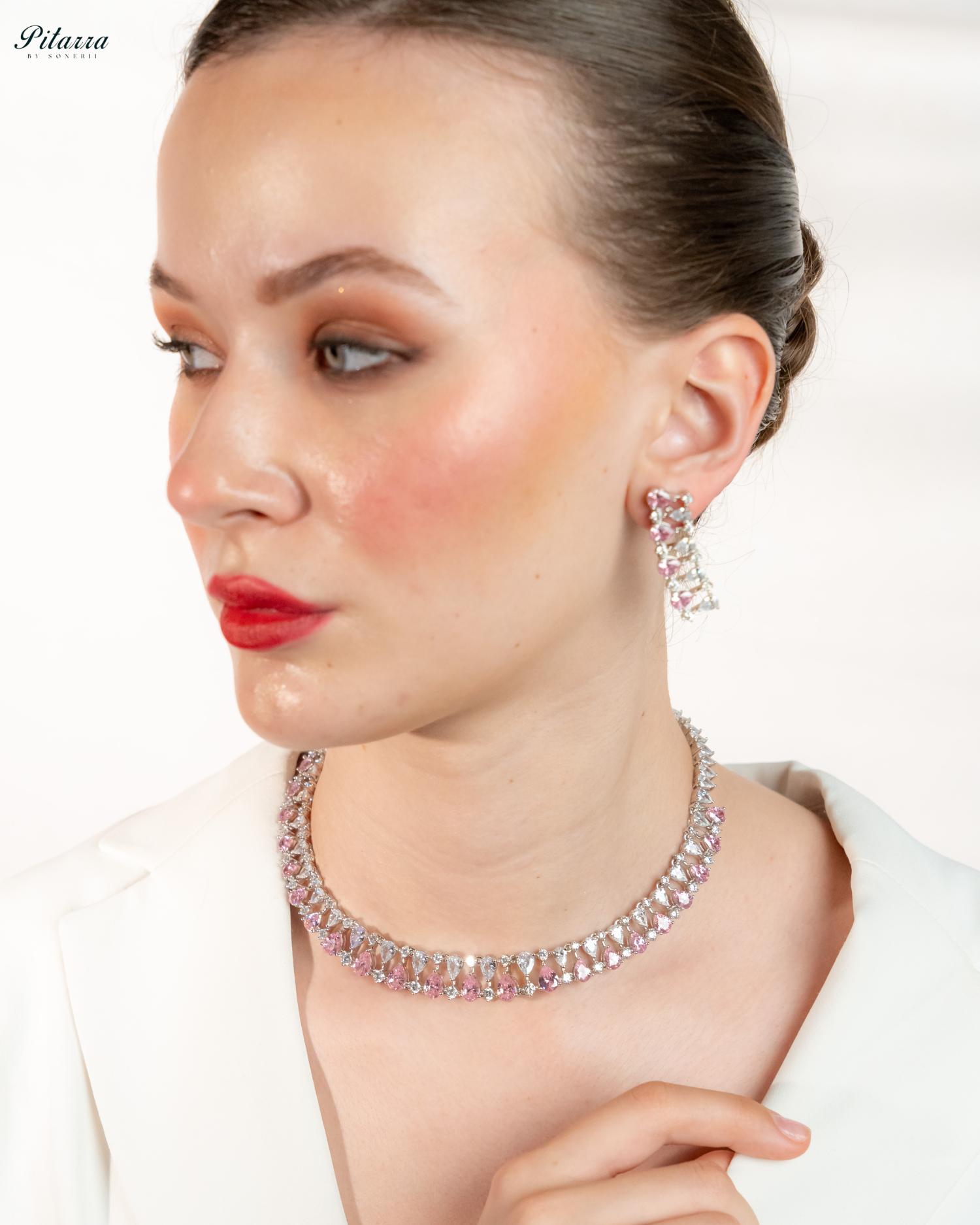 Pink Drop CZ Necklace Set_Side Angle