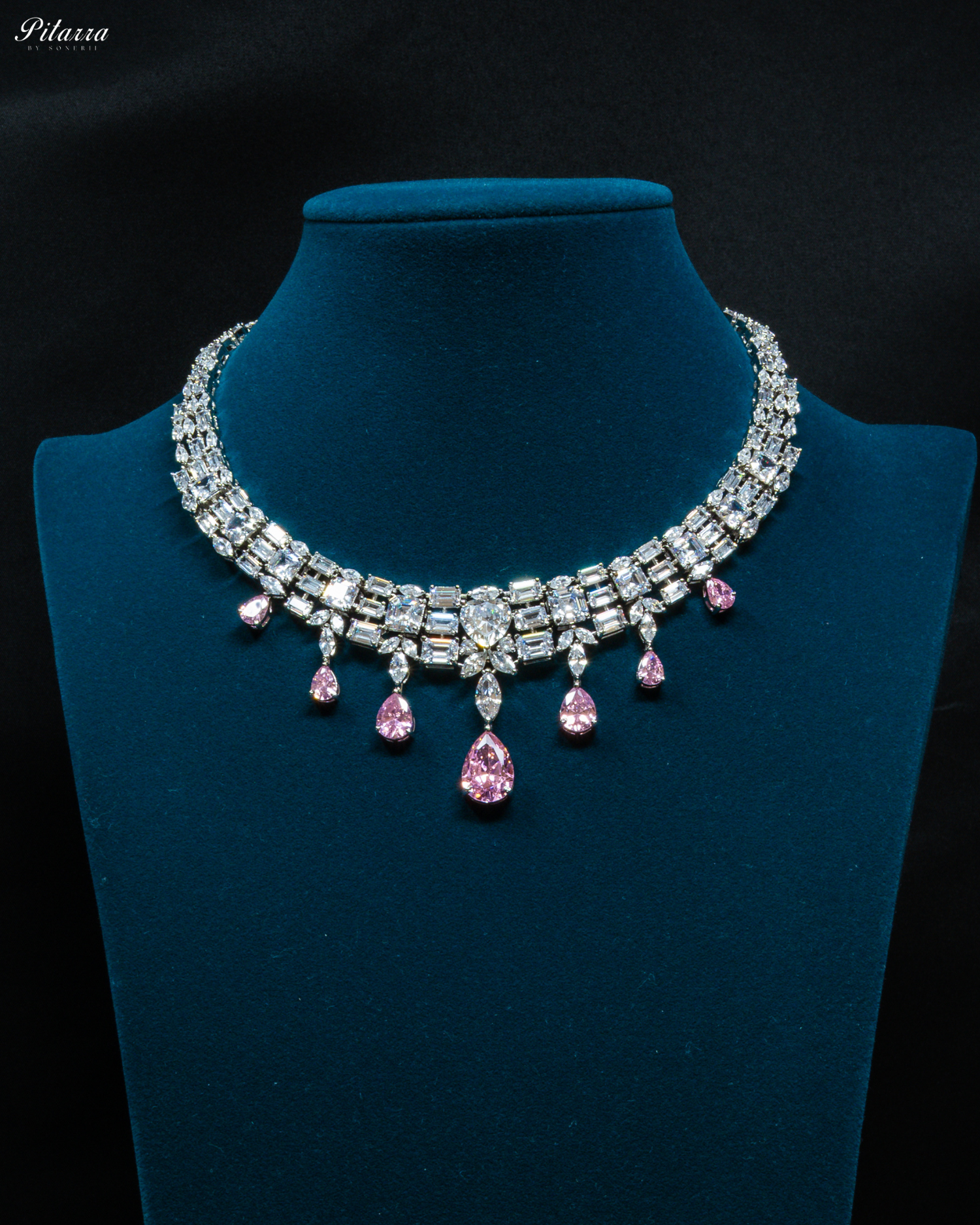 Pink Drop Cubic Zirconia Studded Necklace Set_Front Image