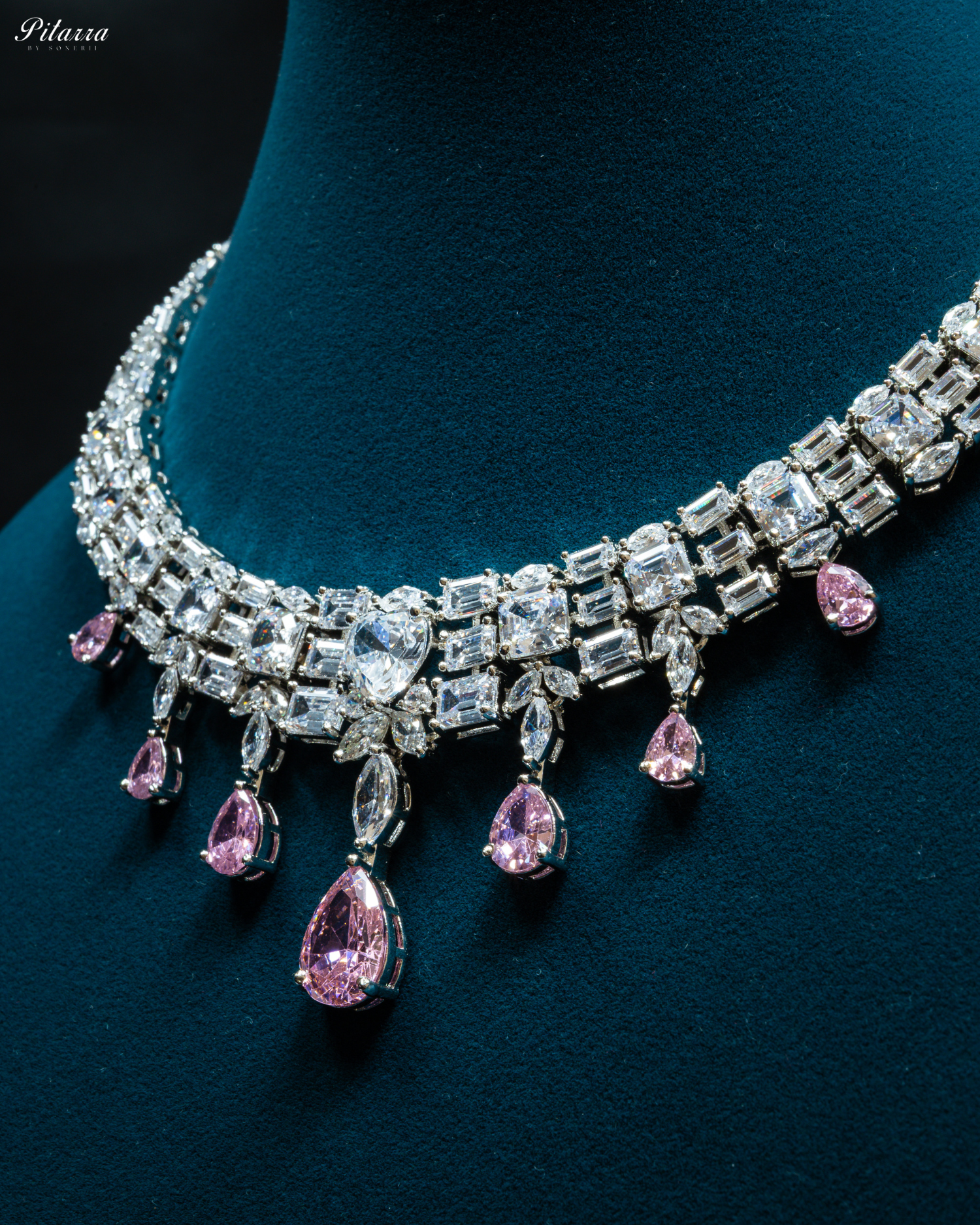 Pink Drop Cubic Zirconia Studded Necklace Set_Zoom Ankle