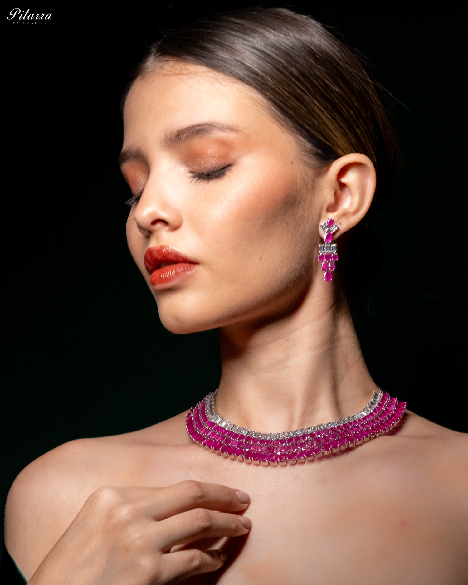 Pink Layer Silver CZ Necklace Set_Front Angle