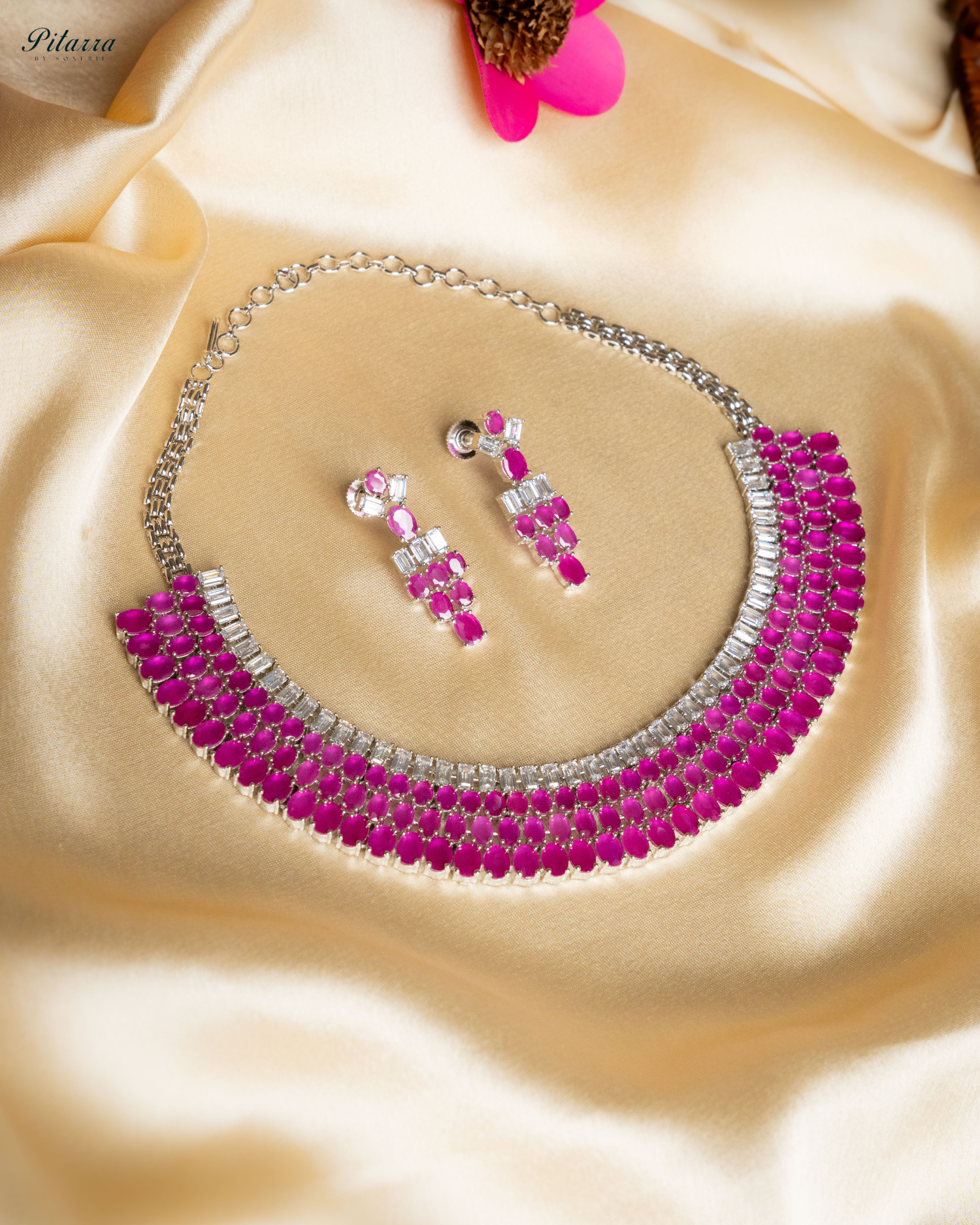 Pink Layer Silver CZ Necklace Set_ Front Image