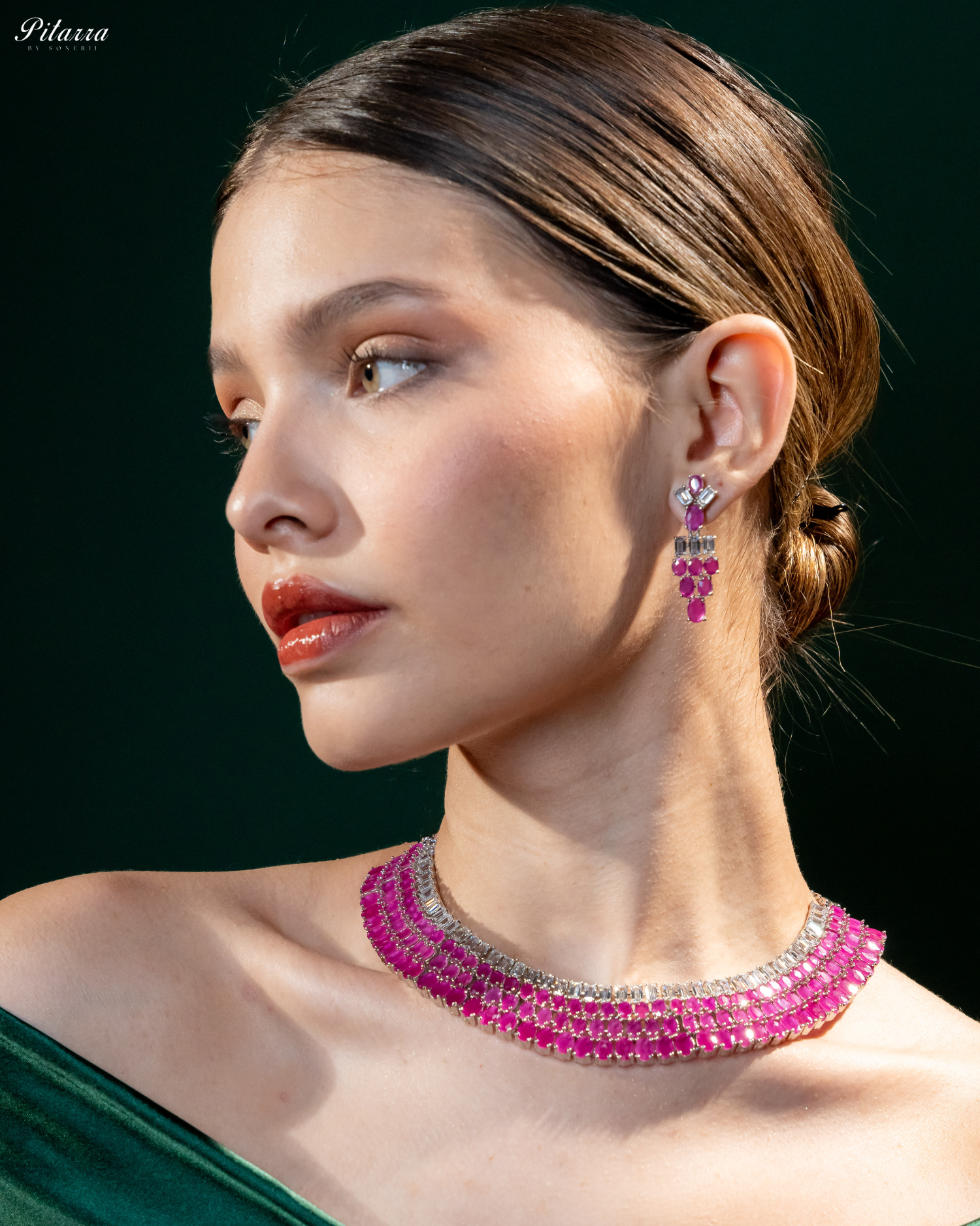 Pink Layer Silver CZ Necklace Set_Side Angle