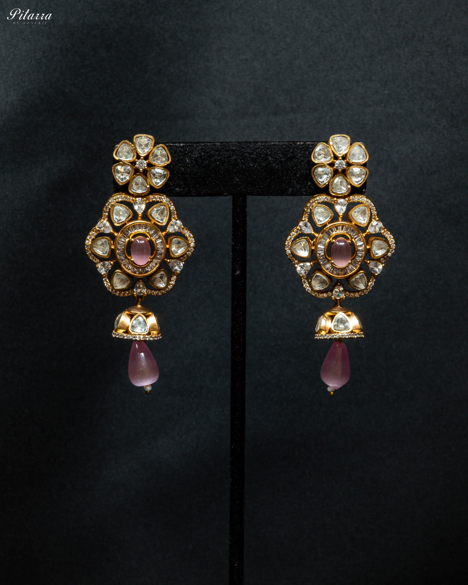 Pink Multi Layered Beads Long Kundan Necklace_Earrings